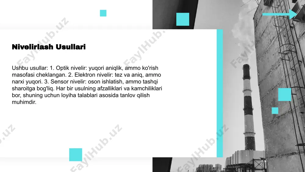 jarayonida nivelirlashning roli qurilish jarayonida nivelirlash, inshootlarning toʻgʻri joylashishini ta'minlaydi, bu esa qurilish sifatini oshiradi va muammolarni oldini oladi. yoʻl sifatini oshirishda nivelirlashning ahamiyati nivelirlash yoʻl sifatini oshiradi, bu orqali transport xavfsizligini ta'minlaydi va yoʻlni uzoq muddatli ishlatishga imkon beradi. nivelirlashda foydalaniladigan asboblar nivelirlashda foydalaniladigan asboblar ikkita asosiy turga bo'linadi: mexanik va elektron asboblar. mexanik asboblar, masalan, nivo va ruletka, sodda va arzon hisoblanadi. elektron asboblar, masalan, lazerli nivo, aniqroq natijalar beradi va ish jarayonini tezlashtiradi. har bir asbobning o'z vazifalari va afzalliklari mavjud. zamonaviy nivelirlash asboblari zamonaviy nivelirlash asboblari ko'plab afzalliklarni taqdim etadi. ular yuqori aniqlik, qulaylik va tezlikni ta'minlaydi. lazerli va gps asboblari avtomobil yo'llarini qurishda keng qo'llaniladi. bunday asboblar yordamida ishlarni bajarish tezlashadi va natijalar ishonchli bo'ladi. nivelirlash jarayonida e'tibor beriladigan jihatlar nivelirlash jarayoni bir necha asosiy bosqichlardan iborat: 1. dastlabki tayyorgarlik; 2. o'lchovlarni amalga oshirish; 3. natijalarni qayta ishlash. har bir bosqichda aniq usullar va asboblarni …
