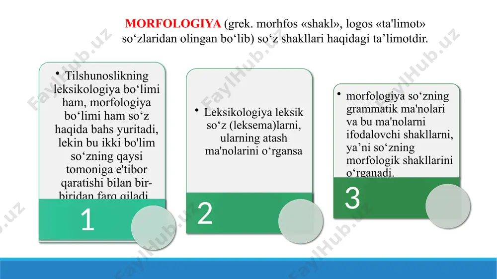 ilib keladi turlanish xususiyatiga ega gap tarkibida ega, to‘ldiruvchi, aniqlovchi vazifasida keladi 7 ta ma’noviy guruhi mavjud olmosh umumiy grammatik xususiyatlari umumiy grammatik xususiyatlari qaysi turkum o‘rnida qo‘llansa, shuning so‘rog‘iga javob bo‘ladi bo‘lishli va bo‘lishsiz shakllarga; o‘timli va o‘timsizlik xususiyatiga ega zamon va shaxs-sonni, maylni ifodalay oladi gap tarkibida ko‘pincha kesim, ayrim xoslangan shakllarni olganda esa ega, aniqlovchi, to‘ldiruvchi, hol vazifasida keladi o‘zining vazifadosh (xoslangan) shakllariga ega fe’l umumiy grammatik xususiyatlari umumiy grammatik xususiyatlari nisbat kategoriyasiga ega nima qilmoq?, nima bo‘lmoq? so‘roqlaridan biriga javob bo‘ladi ish-harakat va holatning bеlgisini bildiradi darajalanish xususiyatiga ega otlashadi gap tarkibida asosan hol vazifasida keladi harakat bеlgisini qisman bo‘lsa-da, darajalab ko‘rsata oladi ravish umumiy grammatik xususiyatlari umumiy grammatik xususiyatlari qanday?, qachon?, qayеrda?, qancha?, nеga?, qay darajada? kabi so‘roqlaridan biriga javob bo‘ladi gap tarkibidagi so‘zlarni va qo‘shma gap tarkibidagi sodda gaplarni bir-biriga bog‘laydi bog‘lovchilar ot, olmosh, harakat nomi va sifatdoshlardan keyin kelib, ularni hokim so’zga tobe …