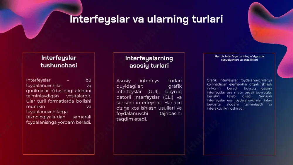 asosiy aloqa usullari uchta turga bo'linadi: 1) simli aloqa, 2) simsiz aloqa, 3) bulutli aloqa. simli aloqa kabel orqali amalga oshiriladi, simsiz aloqa esa radio to'lqinlar yordamida, bulutli aloqa esa internet orqali ma'lumotlarni uzatishga imkon beradi. qo'llanilish sohalari ushbu aloqa usullari ko'plab sohalarda qo'llaniladi, jumladan, ma'lumot markazlarida, uy smart qurilmalarida, sanoat avtomatikasida va telekommunikatsiya tarmoqlarida. integratsiya usullari va imkoniyatlari integratsiya – bu turli tizimlar va qurilmalar o'rtasida ma'lumotlarni almashish va birlashtirish jarayonidir. zamonaviy texnologiyalarda integratsiya usullari, masalan, api (application programming interface) va protokollar, tizimlar o'rtasida o'zaro aloqani ta'minlaydi. bu usullar yordamida qurilmalar bir-biri bilan samarali muloqot qilishi va ma'lumotlarni tez va ishonchli ravishda almashishi mumkin. integratsiya raqamli transformatsiyani qo'llab-quvvatlaydi, chunki u biznes jarayonlarini avtomatlashtirish va samaradorlikni oshirish imkonini beradi. hozirgi raqobatbardosh muhitda integratsiya usullari tashkilotlarga o'z imkoniyatlarini kengaytirishga yordam beradi. photo by altumcode on unsplash kelajakdagi interfeyslarning rivoji kelajakdagi o'zgarishlar texnologiyaning tez rivojlanishi interfeyslarning o'zgarishiga olib keladi. kelajakda interfeyslar yanada …