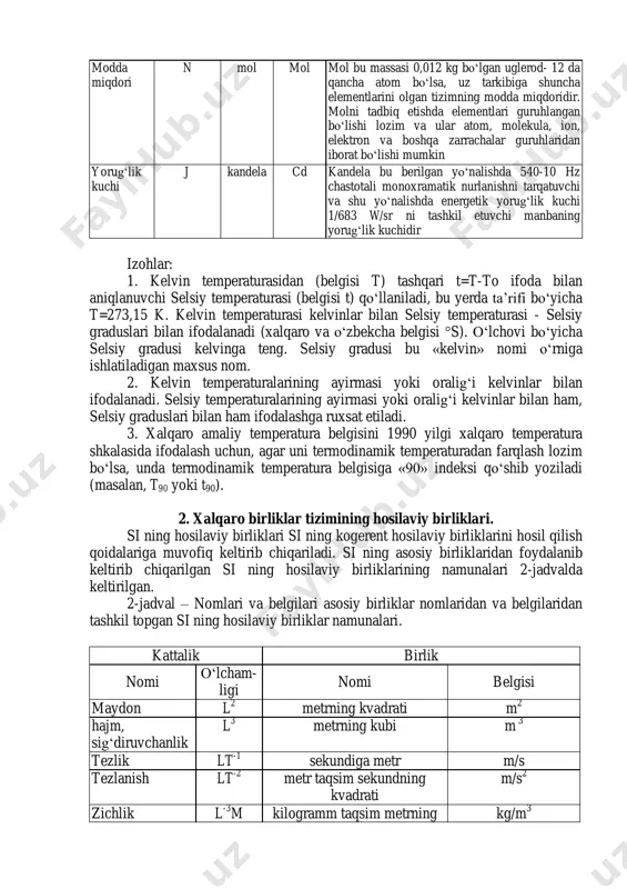 teng modda miqdori n mol mol mol bu massasi 0,012 kg bo‘lgan uglerod- 12 da qancha atom bo‘lsa, uz tarkibiga shuncha elementlarini olgan tizimning modda miqdoridir. molni tadbiq etishda elementlari guruhlangan bo‘lishi lozim va ular atom, molekula, ion, elektron va boshqa zarrachalar guruhlaridan iborat bo‘lishi mumkin yorug‘lik kuchi j kandela cd kandela bu berilgan yo‘nalishda 540-10 hz chastotali monoxramatik nurlanishni tarqatuvchi va shu yo‘nalishda energetik yorug‘lik kuchi 1/683 w/sr ni tashkil etuvchi manbaning yorug‘lik kuchidir izohlar: 1. kelvin temperaturasidan (belgisi t) tashqari t=t-to ifoda bilan aniqlanuvchi selsiy temperaturasi (belgisi t) qo‘llaniladi, bu yerda ta’rifi bo‘yicha t=273,15 k. kelvin temperaturasi kelvinlar bilan selsiy temperaturasi - selsiy graduslari bilan ifodalanadi (xalqaro va o‘zbekcha belgisi °s). o‘lchovi bo‘yicha selsiy gradusi kelvinga teng. selsiy gradusi bu «kelvin» nomi o‘rniga ishlatiladigan maxsus nom. 2. kelvin temperaturalarining ayirmasi yoki oralig‘i kelvinlar bilan ifodalanadi. selsiy temperaturalarining ayirmasi yoki oralig‘i kelvinlar bilan ham, selsiy graduslari bilan ham ifodalashga …