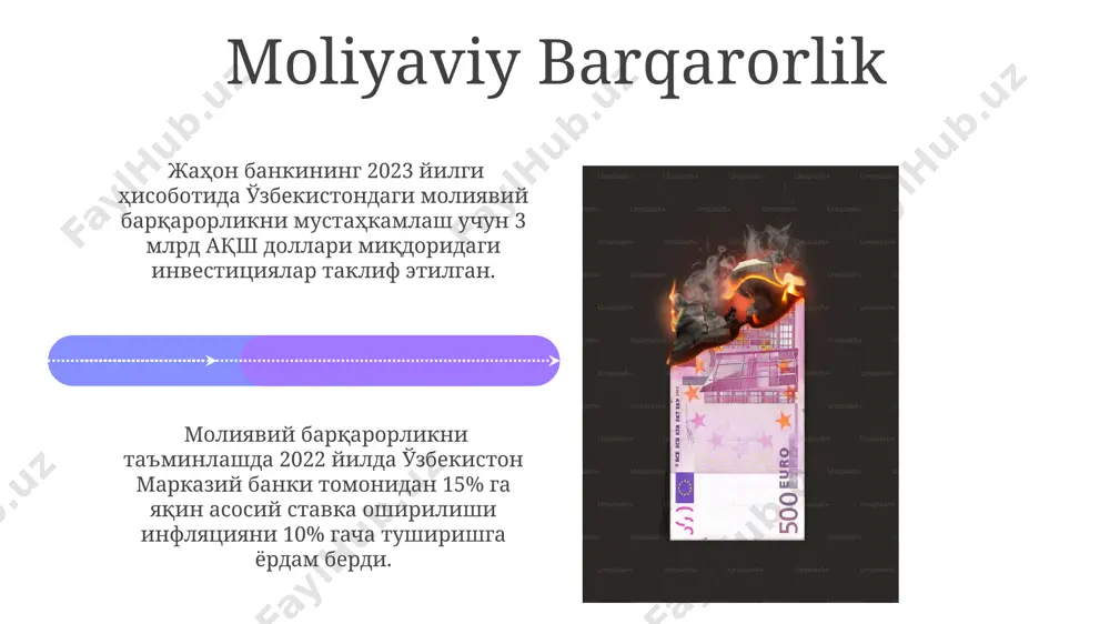 ининг аксарияти инфляцияни 2-4% нишонга олиб, фоиз ставкаларини ошириш орқали пул-кредит сиёсатини кучайтиришга ўтди, бу эса жанубий африка каби ривожланаётган бозорлардаги иқтисодий ўсишни секинлаштирди. япония, g20нинг аъзоси сифатида, бошқа давлатлардан фарқли равишда, паст фоиз ставкалари сиёсатини сақлаб қолди, бу 2024 йилда мамлакатнинг ялпи ички маҳсулотига салбий таъсир кўрсатиши мумкинлиги ҳақидаги прогнозларни келтириб чиқарди. ishsizlikka qarshi kurash ўзбекистон ҳукумати 2025 йилгача ишсизлик даражасини 5% гача тушириш мақсадини қўйган. бунинг учун ҳукумат 20 млрд доллар миқдорида инвестицияларни жалб этишни ва 1 миллиондан ортиқ янги иш ўринларини яратишни режалаштирмоқда. тошкент шаҳридаги ишсизлик даражаси республика ўртача кўрсаткичидан паст бўлиб, 2023 йилнинг биринчи чорагида 7% атрофида бўлди. бу, асосан, катта шаҳарлардаги иш ўринларининг кўплиги билан боғлиқ. kelajakdagi trendlar жаҳон банкининг прогнозларига кўра, 2030 йилгача европа давлатларида яшил облигациялар бозорининг ҳажми 2 триллион еврога етиши ва иқлим ўзгаришига қарши курашда муҳим роль ўйнаши мумкин. хитойнинг 2024 йилдаги пул-кредит сиёсатида фоиз ставкаларининг 0,5% гача пасайиши кутилмоқда ва …