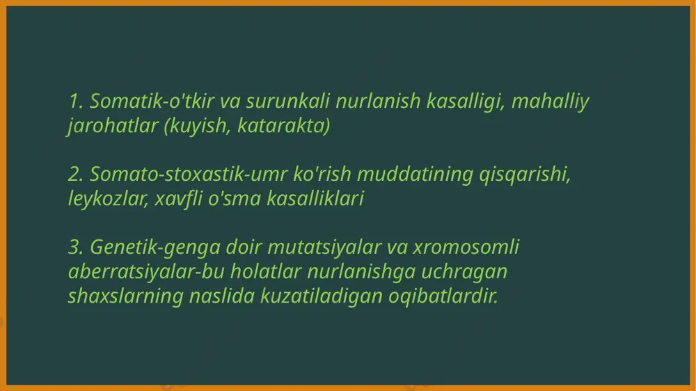 qo'rg'oshinli shisha yoki rezinka, temir, g'isht, beton, suv ishlatiladi. bunda ekranlar sifatida konteynerlar, qurilish konstruksiyalari, eshik, deraza, pol, shif parda, fartuk, qo'lqop va ko'zoynaklar bo'lishi mumkin. neytronlardan himoyalanish uchun bir necha qavatli himoya qo'llaniladi: 1 qavat- tezkor neytronlarni susaytirish uchun (parafin, suv); 2 qavat-sekin neytronlarni shimishi uchun (bor, kadmiy); 3 qavat-sekin neytronlarni yutilishida kelib chiqadigan gamma nurlarni yutish uchun. radioaktiv gazlar va atmosferadagi radioaktiv aerozollarning miqdorini nazorat qilish uchun statsionar, rks toifasida yoki olib yuriluvchi rga-01p, rgb-02 (2-rasm), rgb-07, ras-0,4 dozimetrlar qo'llanadi. tekshirish uchun namunalar hamma xonalardan olinishi, agar xodim xonada ish kunining 50% vaqti davomida bo'lsa o'rtacha kunlik, undan kam bo'lsa haftalik namuna olinadi. etiboringiz uchun raxmat image1.jpeg image2.jpeg image3.png