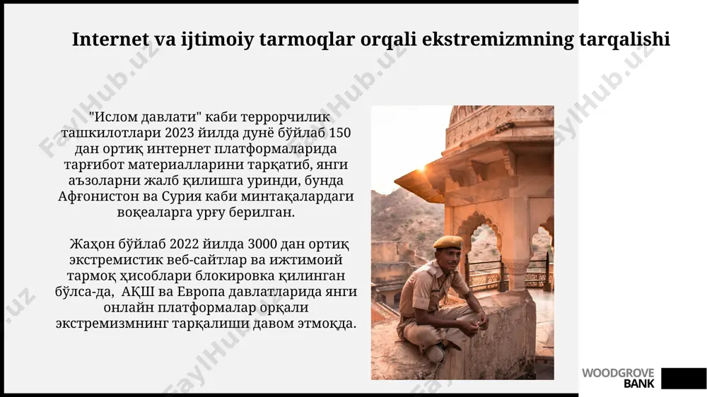 илактика дастурларини ёшларга йўналтирилган тарзда амалга ошириш 85% гача самара беради. woodgrove bank ta'lim va tarbiyaning ahamiyati o'zbekistonning 12 ta viloyatida 3000 dan ziyod yoshlarga diniy bag'rikenglik va tolerantlik g'oyalari o'rgatildi, bu diniy ekstremizmning oldini olishga yordam beradi. ta'lim va tarbiya orqali 10 yil ichida toshkent shahrida diniy zo'ravonlik holatlari 25% ga kamaydi, bu ta'limning davlat xavfsizligiga ijobiy ta'sirini ko'rsatadi. woodgrove bank diniy ekstremizmning turlari va shakllari markaziy osiyo davlatlarida, xususan o'zbekistonda, 15 dan ortiq diniy ekstremistik guruhlar faoliyat yuritgan bo'lib, ularning aksariyati transmilliy terroristik tashkilotlar bilan bog'liq. aqshning 11 sentyabr voqealaridan keyin diniy ekstremizmning global tarmog'i yanada kuchayib, 30 dan ortiq mamlakatda qo'zg'olonlar, terror hujumlari va siyosiy beqarorlikka olib keldi. woodgrove bank ekstremizm va fanatizmning kelib chiqish sabablari saudiya arabistonidan kelgan 200 dan ortiq diniy ekstremistlar 1990-yillarning oxirida o‘zbekistonda faoliyat yuritgan "hizb ut-tahrir" guruhiga qo‘shildi, bu esa mamlakatda xavfsizlikka tahdid solgan. 1990-yillardan keyin markaziy osiyoda siyosiy beqarorlik va ijtimoiy-iqtisodiy …