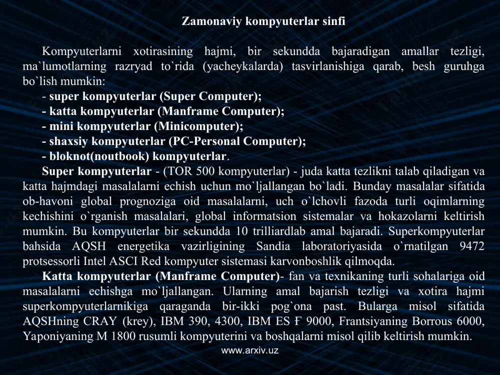 turkumini, ilgari harbiy maqsadlar uchun ishlatilgan (maxfiy hisoblangan) vax, sun turkumli kompyuterlar, ibm 4381, hewlett packard firmasining hp 9000 va boshqalar minikompyuterga misol bo`la oladi. shaxsiy kompyuterlar hozirda korxonalar, muassasalar, oliy o`quv yurtlarida keng tarqalgan bo`lib, ularning aksariyati ibm rusimiga mos kompyuterlardir. ibm rusimiga mos kompyuterlar deganda, ularning turli kompaniyalar ishlab chiqarilishiga qaramay ham texnik, ham programma ta`minoti mosligi, ya`ni bir-biriga to`g`ri kelishi nazarda tutiladi. bunday kompyuterlar hajmi jihatidan kichik (bir stol ustiga joylashadi), amal bajarish tezligi, masalan pentium-3 mmx protsessori o`rnatilgan kompyuterlarida, hozirgi kunda 750-1000 megagertsni, xotira hajmi esa, 64-128 megabaytni tashkil qiladi. bu ko`rsatgichlar o`ta tez o`zgarib, har ikki yilda kompyuterlar imkoniyati ikki baravar oshishi, ularning narxi esa shunchaga arzonlashishi tendentsiyasini kuzatilmoqda. bugungi kunda pentium iv kompyuterlari ham jahon bozorida keng tarqalmoqda. ibm pc moslik kompyuterlarini kompyuterlarini yuzlab firmalar ishlab chiqarmoqda. www.arxiv.uz www.arxiv.uz bular ibm, compaq, hewlett-packard, packard bell, toshiba, apple, siemens nixdors, acer, olivetti, gateway, sun va …