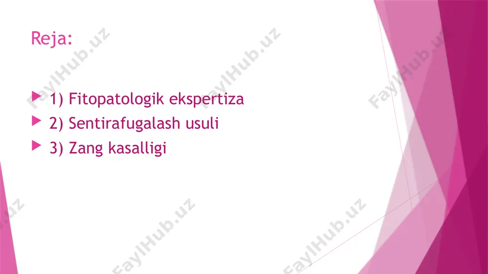 ntrifugalash sentrifugalash - suyuqlik tarkibidagi og’ir qismlarni markazdan qochuvchi kuch ta’sirida engil qismlaridan ajratish usuli. aralashmadagi og’irligi katta bo’lgan bo’lakchalar birinchi navbatda cho’kadilar. ular ajratib olingach, cho’kma usti suyuqligini (supernkatant) qayta katta tezlikda sentrifugalab, boshqa qimslarini ham ajratish mumkin. aralashmadagi komponentlarni aniqlash maqsadida o’tkaziladigan sentrifugalashni preparativ sentrifugalash deb atalib, undan qonning shaklli elementlarini ajratishda, siydikdagi hujayralarni cho’ktirib, ajratib olishda va boshqa maqsadlarda foydalaniladi. zang kasalligi zang kasalligi, oʻsimliklar zang kasalligi — oʻsimliklarda zamburugʻlar keltirib chiqaradigan kasallik. 3. k. bilan gʻalla ekinlari, beda, zang kasalligi: 1 — bugʻdoy zang kasali; 2—malina zang kasali; 3—nok zang kasali lavlagi, zigʻir, noʻxat, kungaboqar, bodom, olma, nok kasallanadi. kasallangan oʻsimlik bargi, poyasi va qisman mevasida zargʻaldoq, keyinchalik jigarrang spora doʻmboqchalari paydo boʻladi, oʻsimlik yaxshi rivojlanmaydi, baʼzan barglari quriydi, gʻalla ekinlari boshoklamaydi. poya zang kasalligi urocystis tritici poya zang kasalligiurocystis tritici bug‘doyning bu kasalligi ozarbayjonda, gruziyada, turkmanistonda, o‘zbekistonda, qirg‘izistonda va qozog‘istonda uchraydi. lekin bu kasallikni eng …