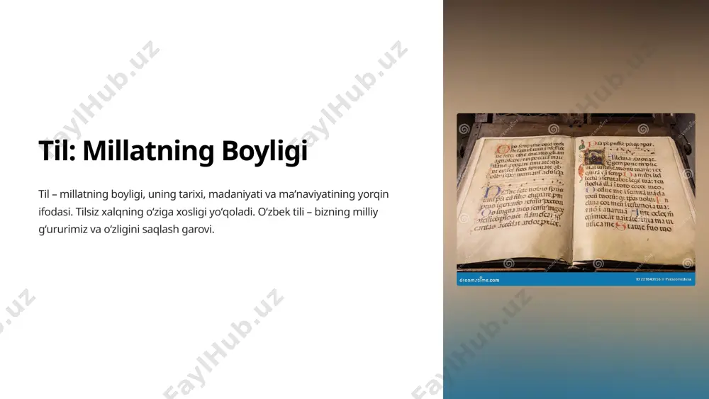 ʻzbek millatining oʻziga xosligini anglash va boshqa xalqlardan ajratib turuvchi belgi. gʻurur va faxr tilga hurmat qilish, uni mukammal egallab olish millatga gʻurur va faxr hissini uygʻotadi. oʻzlikni hurmat qilish oʻz tilida soʻzlash, oʻz tilini oʻrganish va rivojlantirish oʻzlikni hurmat qilishni oʻzida mujassamlashtiradi. 8 til – millat birligini ta'minlash omili tushunish oʻzbek tili – millatni birlashtiruvchi omil, oʻzaro tushunish va hamkorlikni taʼminlaydi. birlik umumiy til – millat aʼzolarini bir-biriga bogʻlab turuvchi kuchli omil, birlik va barqarorlikni taʼminlaydi. gʻurur tilga hurmat qilish, uni saqlash va rivojlantirish millatni birlashtiradi va gʻurur hissini kuchaytiradi. 9 til – millat hayoti va faoliyatini tartibga solish vositasi 1 taʼlim taʼlim tizimi, darsliklar, oʻquv jarayoni oʻzbek tilida amalga oshiriladi. 2 hukumat davlat idoralari, qonun hujjatlari, rasmiy muloqot oʻzbek tilida olib boriladi. 3 madaniyat madaniy tadbirlar, sanʼat asarlari, xalq ogʻzaki ijodi oʻzbek tili orqali namoyon boʻladi. 10 xulosa: til – millatning yuksalishi va taraqqiyotining asosi til – millatning …