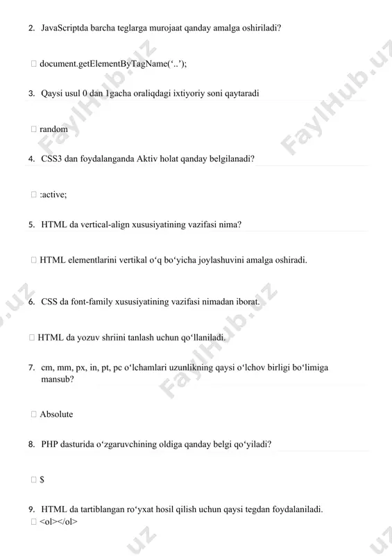 siyatining necha xil qiymati mavjud? 4 5.htmlda forma hosil qiluvchi elementni ko`rsating. 6.forma ma`lumotlarini jo`natish manzili qaysi attribut yordamida ko`rsatiladi? action 7.html da qanday teglar mavjud? juft va toq 8.rgb so`zining kengaytmasi qanday? red green blue 9.web sahifaga video joylashtirish uchun qaysi tegdan foydalaniladi? html da jadval hosil qilishda foydalaniladigan tegni belgilang. css3 dan foydalanilganda maydonlar uchun foydalanilgan holat qanday belgilanadi? :focus; filterning qaysi xususiyati rasmni xira ko`rinishga keltiradi ? blur() jqueryda submit() hodisasi nima vazifani bajaradi? ma`lumotlar jo`natilgan holat cssda float nechta qiymat qabul qiladi? 4ta, left, right ,inherit, none; bitta tegni bir vaqtning o`zida ham classi ham idsi bo`lishi mumkinmi? ha qaysi javobda inline elementlari tog`ri ko`rsatilgan ? , , elementining vazifasini aniqlang. elementi hujjat haqidagi meta ma`lumotini o`z ichiga oladi css3 dan foydalanganda aktiv holat qanday belgilanadi? :active; php da ism nomli o`zgaruvchi e`lon qiling $ism; html tili kim tomonidan barpo etilgan ? tim-berners-li , - , …