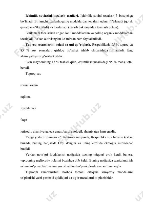 alon, tiadan qoldiqlari topilgan respublikada tuproqlarni pestitsidlardan zararlashga qarshi choralar ko‘rilmoqda. masalan "o‘zbekiston qishloq ho‘jalik kimyosi" ma'lumotiga qaraganda 1993 yilda 57,7 ming tonna pestitsid ishlatilgan 1990 yilga nisbatan 1,5 barobar (85,9 ming tonna) ishlatilgan. o‘zbekiston tuproq-suv resurslari jihatidan boy respublikadir, ammo undan hali unumli foydalanilayotgani yo‘q. adabiyotlar: 1. н. а. парпиев , ҳ. р. раҳимов муфтахов, а.г. «анорганик киме назарий асослари »,т., ўзбекистон, 2000й. 2. қ.aхмеров, а.жалилов, р. сайфуддинов «умумий ва анорганик кимё». т., ўзбекистон, 2003й. 3. q. ahmerov, a. jalilov, r. sayfuddinov, « umumiy va anorganik kimyo». t. o‗zb, 2006. 4. угай я. а. «общая и неоргнаническая химия», -м: «высшая школа», - 1998. 5. x.x. muhiddinov. «kimyo». t. tdtu, 2005 6. х.х. мухиддинов. кимё, маърузалар матни. т. тдту, 2004. 7. н.г. коржуков ―общая и неорганическая химия‖, м., мисис/, 2004. 8. н.л.глинка «умумий кимёдан масала ва машқлар тўплами»,т.,ўқитувчи. 9. н. в. коровин, э. и. мингулин, н. г. рыжова «лабораторные работы …
