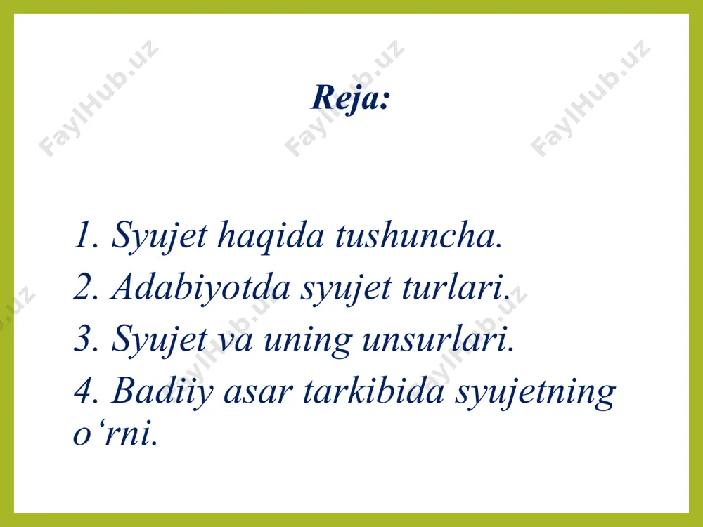 hish holatiga o‘tishidir”,– degandilar. badiiy asarda syujetning o‘rni muqim bo‘lib, u asardagi qahramonlarning fikrlar, tuyg‘ular rivojini, qarama-qarshiligini birligini ifoda qilishi mumkin. badiiy asarda syujetning o‘rni muallif tomonidan oldindan qat’iy ravishda belgilangan bo‘ladi. har qanday badiiy asar uning janri yo‘nalishidan qat’iy nazar, albatta, syujet ishtirok etgan bo‘ladi. sujеtning badiiy asardagi funksiyalari avvalo asar problеmasini badiiy tadqiq etishga imkon bеradigan hayot matеrialini uyushtirib bеrishida ko‘rinadi. dеmak, sujеt asarda mavzuni shakllantirgani holda, uning qanday bo`lishi mazmunga, muallifning ijodiy niyatiga bog`liq bo`lib qoladi. masalan, a.qodiriy "o`tkan kunlar" uchun tanlagan sujеtda otabеkning toshkеntdan, kumushning marg`ilondan bo`lishi — ijodiy niyat ijrosi uchun eng maqbul (optimal) variant. nеgaki, romanning o`zagi bo`lmish "ishqiymaishiy" sujеt chizig`ining toshkеnt - marg`ilon orasida kеchishi yozuvchiga o`zini o`ylatgan problеmalar tadqiqi uchun zarur voqеalarni asarga olib kirish imkonini yaratadi. jumladan, otabеkning dor ostiga borishi, toshkеnt isyoni, qipchoq qirg`ini kabi voqеalar asarga hеch bir zo`rakiliksiz, o`quvchi xayolini band etgan otabеk— kumush liniyasiga uzviy bog`langan holda …