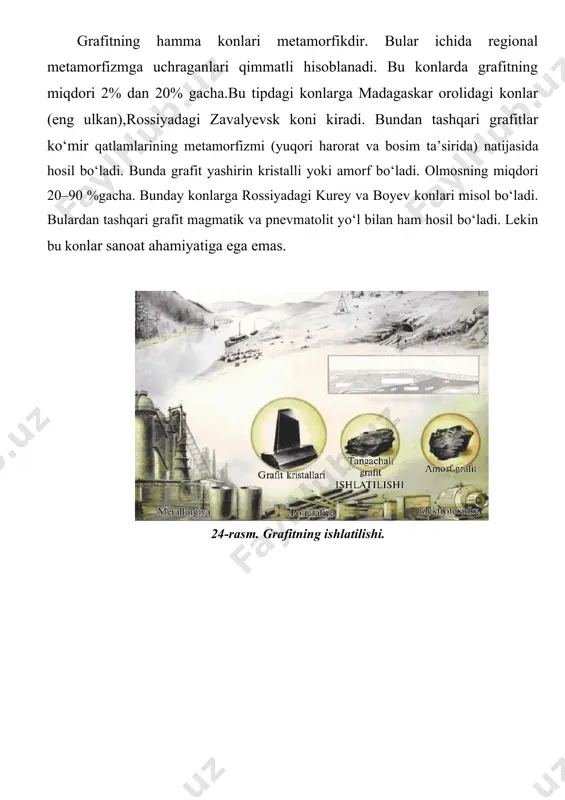 soblanadi. ular magmatik tog‘ jinslarini gidrotermal eritmalar ta’sirida serpentinit jinslarni hosil qilishi bilan bog‘liq. asbestlarning gidrotermal genezisli konlari dunyo bo‘yicha umumiy zaxirasining 95 %ini tashkil etadi va ulardan asbestning 95 % qazib olinadi. rossiyadagi bajenovsk, alapayev, qirg‘izistonda ukok, kanadada blek-leyk konlari yirik asbest konlari hisoblanadi. 27-rasm. asbestning ishlatilishi. flyuorit konlari flyuorit kalsiy va ftor birikmasidan iborat mineral bo‘lib, rangi havo rang, yashil va gunafsha. nomi lotinchadan «flyuor» – «oqmoq»so‘zidan olingan; chunki u juda oson eriydi. metallurgiyada rangli va qora metallarning erishini osonlashtiruvchi, shlaklarni suyultiruvchi va oquvchanligini oshiruvchi sifatida ishlatiladi. oyna sanoatida shishalarning tiniqligini oshirishda, shisha va emal bo‘yoqlarga sutdek oq rang berishda keng qo‘llaniladi (28-rasm). o‘lchamlari 6ч6ч6 mm dan katta bo‘lgan, shaffof, rangsiz, yoriqlari va boshqa nuqsonlari bo‘lmagan flyuorit optik asboblarda ishlatiladi. undan plavik kislotasi olinadi. u shisha va billurlarni yemiradi; shuning uchun ularga gul solishda ishlatiladi. flyuoritning asosan gidrotermal konlari ahamiyatli hisoblanadi. yirik konlari qozog‘iston, aqsh, meksika, kanada, ispaniyada …