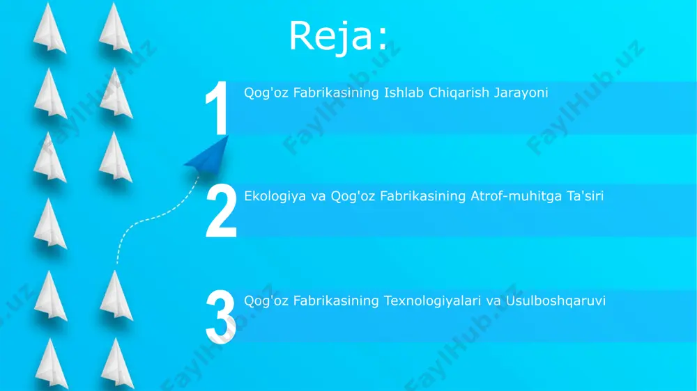 jarayoni qog'oz ishlab chiqarish jarayonida taxminan 1000 litr suv 1 tonna qog'oz olish uchun sarflanadi, bu esa suv resurslarining samarali boshqarilishini talab qiladi. zamonaviy qog'oz fabrikasi yillik ishlab chiqarish hajmi 50 000 tonnadan ortiq bo'lib, turli xil qog'oz turlarini, jumladan, yozuv qog'ozi va kartonni ishlab chiqaradi. ekologiya va atrof-muhit muhofazasi start o'rtacha bir tonna qog'oz ishlab chiqarish jarayonida 100-200 m³ suv sarflanadi, bu esa suv resurslarining sezilarli darajada kamayishiga hissa qo'shadi. qog'oz fabrikalarining oqava suvlarida 50 mg/l dan ortiq erigan organik moddalar mavjud bo'lib, bu suv havzalarining ifloslanishiga va ekologik muvozanatning buzilishiga olib kelishi mumkin. qog'oz turlari va ularning xususiyatlari ofset bosma usuli uchun 80-100 g/m² zichlikdagi qog'ozlar, yuqori sifatli rangli chop etish uchun esa 150 g/m² dan yuqori zichlikdagi qog'ozlar afzalroq hisoblanadi. qog'ozning zichligi 60-120 g/m² oralig'ida bo'lishi mumkin, bu esa uning turli maqsadlar, masalan, chop etish yoki qadoqlash uchun ishlatilishiga bog'liq. e'tiboringiz uchun rahmat @taqdimot_robot image5.jpg image6.jpg image7.jpg …