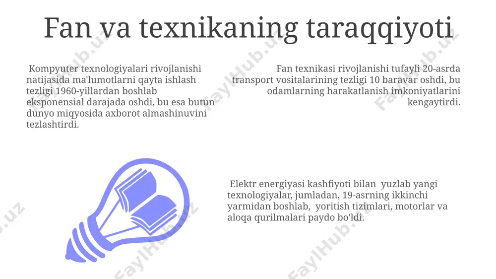 artirdi va dunyoning turli burchaklaridagi odamlar o'rtasidagi masofani 1000 km gacha qisqartirib, tezkor aloqani ta'minladi. o'rta asrlar ixtirolari qog'oz ishlab chiqarish texnologiyalarining takomillashuvi o'rta asrlarda kitob chop etishni va bilim tarqalishini 10 barobar tezlashtirdi, bu esa madaniy taraqqiyotga kuchli ta'sir ko'rsatdi. o'rta asrlarda, taxminan 1000 yil davomida, kompas kabi muhim navigatsiya asboblari ixtiro qilingan bo'lib, dengiz savdosi va kashfiyotlarini sezilarli darajada rivojlantirdi. o'rta asr astronomiyasi, astrolyabiya kabi murakkab asboblar yordamida, yulduzlarning harakatini aniqroq o'rganish imkonini berdi va 50 dan ortiq yangi yulduz turkumlari aniqlandi. hayotni osonlashtiruvchi ixtirolar kompyuterlar, ularning hisoblash quvvati va ma'lumotlarni qayta ishlash tezligi bilan, 21-asr texnologiyalarining asosini tashkil etib, turli sohalarda inqilob qildi. avtomobillar transport tizimini inqilob qildirib, odamlarning harakatchanligini oshirdi va millionlab odamlarga uzoq masofalarni tez va qulay bosib o'tishga imkon yaratdi. telefonlar, 20-asrning ajoyib ixtirosi, milliardlab odamlarga tezkor aloqa va ma’lumot almashish imkoniyatini taqdim etib, dunyoni kichik qilib qo‘ydi. e'tiboringiz uchun rahmat @taqdimot_robot image1.jpeg image2.jpeg …