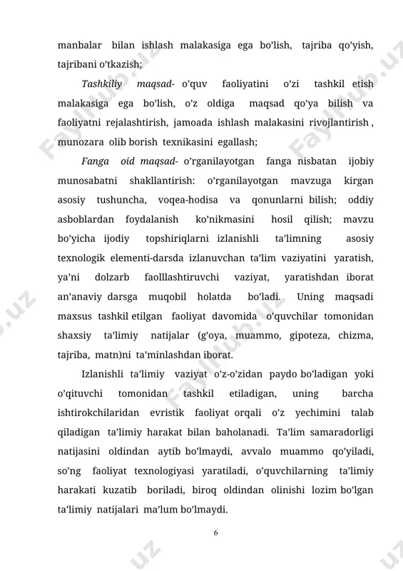 a imkoniyat yaratish. evristik vaziyatning asosiy bosqichi sanaladi. bunda har qanday ta’lim natijasidan ijod belgisini aniqlash lozim. 4. o’quvchilarning ta’limiy ijod namunalarining namoyish etish: she’rlar, rivoyatlar, topshiriqlar, ta’riflar, ramzlar, rasmlar, loyihalar va shu kabilarni jamoaga muhokama etib, ko’rgazmalar tashkil etish, o’zaro yozma taqrizlar yozdirish, ma’ruzalar bilan chiqishlar qilish. 5. ta’limiy ijod namunalari namoyish etilgandan keyin rasmlar, rivoyatlar, ta’riflar, olimlarning fikrlari, darsliklaridagi ma’lumotlar, shaxsiy bilim va tasavvurlari bilan asoslay olish. 6. bolalarning ijod namunalarini qiyoslash, solishtirish, tasniflash bo’yicha faoliyatini tashkil etish. o’quvchilar tomonidan o’z qarashlari yoki ijod namunalarini aniqlash hollari yuz bersa, ularga o’z nuqtai nazarlarining o’zgarish sababalrini tushunishlarida ko’maklashiladi. ta’limiy vaziyatlarning rivojlanishi ta’minlanadi. 7. o’quvchilarning bilishga oid qo’llanilgan usullarni, paydo bo’lgan muammo va uni yechish yo’llarini tushunishi bo’yicha fikr yuritish, tahlil etish. o’quvchilarga individual tarzda erishgan natijalarini aniqlashda ko’maklashishi. jamoa bo’lib yaratilgan ta’limiy natijalarini aniqlash. izlanuvchi ta’limiy vaziyatlarning davomiyligi o’zgarib turadi, ular o’zaro aloqadagi vaziyatlar zanjiri ham bo’lishi mumkin. izlanuvchi …