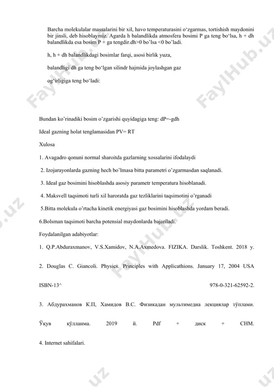 oitda gazlarning xossalarini ifodalaydi 2. izojarayonlarda gazning hech bo’lmasa bitta parametri o’zgarmasdan saqlanadi. 3. ideal gaz bosimini hisoblashda asosiy parametr temperatura hisoblanadi. 4. maksvell taqsimoti turli xil haroratda gaz tezliklarini taqsimotini o’rganadi 5.bitta molekula o’rtacha kinetik energiyasi gaz bosimini hisoblashda yordam beradi. 6.bolsman taqsimoti barcha potensial maydonlarda bajariladi. foydalanilgan adabiyotlar: 1. q.p.abduraxmanov, v.s.xamidov, n.a.axmedova. fizika. darslik. toshkent. 2018 y. 2. douglas c. giancoli. physics. principles with applicathions. january 17, 2004 usa isbn-13^ 978-0-321-62592-2. 3. абдурахманов к.п, хамидов в.с. физикадан мультимедиа лекциялар тўплами. ўқув қўлланма. 2019 й. pdf + диск + снм. 4. internet sahifalari. image1.gif image2.gif image3.gif