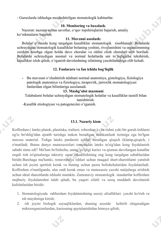 nlash uchun qalin, juda qalin va maxsus plastinalardan foydalaniladi.bundan tashqari, yuqori chidamliligi bilan ajralib turadigan mustahkamlangan plitalar, shuningdek, to'siqni oson o'rnatilishini ta'minlaydigan - optidam (optidam) va optradam ishlatiladi - bu holda qisqichlar deyarli ishlatilmaydi va plitalar halqalar orasiga cho'zilgan. suyuq kofferdam kimyoviy va fizikaviy tasurotlardan mahalliy himoya qilishga imkon beradi. materiallar shpritslarga qadoqlangan, shuning uchun kofferdamni stomatologiyada joylashtirish yuqori aniqlikda amalga oshiriladi. kofferdamning gel shakli buni bir tekis holda bajarishga imkon beradi. metakrilik asosli rabberdam (masalan, opaldam) - bu tez surtiladigan va tezda echib olinadigan nurni nur bilan qotuvchi materialdir. quyidagi holatlarda foydalanish tavsiya etiladi: • tishlarni oqartirish paytida; • restavratsiya; • mikroabraziyada. kofferdamni qo'llash stomatologiyada kofferdam tizimi maxsus asboblar va moslamalar yordamida qo'llaniladi.tishdagi kofferdam quyidagi tavsiyalarni hisobga olgan holda o'rnatish kerak (metodikasidan qat'iy nazar): • qo'llashdan oldin anesteziya o'tkaziladi, davolanishga muxtoj bo’lgan okkluzion yuza aniqlanadi, qisqich tanlanadi, u tish bo'ynini mahkam yopishi kerak; • agar kontakt nuqtasini tiklash zarur …