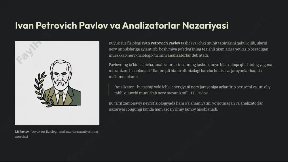 analizatorlar eshituv analizatori periferik qismi: ichki quloqdagi chig'anoq ichidagi kortiyev a'zosining tukli hujayralari o'tkazuvchi qismi: eshituv nervi ³ miya ko'prigidagi yadro ³ o'rta miyadagi do'mboqchalar ³ talamus markaziy qismi: chakka bo'lagidagi birlamchi eshituv markazi (gershl egati, 41- maydon) tovush balandligi va kuchini analiz qilish nutq tovushlarini tushunish (vernike markazi) musiqiy tovushlarni farqlash fazoviy eshitish somatosensor analizatori periferik qismi: teri, mushaklar, paylar va bo'g'imlardagi ko'p sonli retseptorlar o'tkazuvchi qismi: orqa miya ³ uzunchoq miyadagi yadrolar ³ talamus markaziy qismi: tepa bo'lagidagi markaziy egatdan keyingi pushta (1, 2, 3- maydonlar) teginish va bosimni sezish harorat o'zgarishini his qilish og'riqni idrok etish mushaklar holatini nazorat qilish somatosensor po'stloqdagi "sezgi gomunkulusi" - tananing har bir qismining proyeksiyasi po'stloqdagi analiz va sintezning neyron mexanizmlari bosh miya po'stlog'idagi analiz va sintez jarayonlari neyronlar va ular orasidagi sinapslar faoliyatiga asoslangan murakkab mexanizmlardir. xususiyat detektorlari birlamchi sezgi markazlarida ma'lum bir xususiyatga javob beruvchi maxsus neyronlar. ular axborot oqimidan …