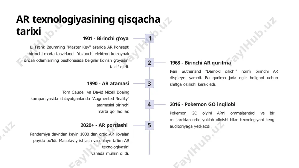 tent yaratish imkoniyatlari kengayadi. 5g tarmoqlari 5g tezkor internet ulanishi ar ilovalarining ishlashini sezilarli darajada yaxshilaydi. real vaqt ma'lumot almashish va yuqori sifatli kontent ko'rsatish imkoniyatlari paydo bo'ladi. metavers va xr ar, vr va mixed reality texnologiyalarining birlashishi (xr) yanada immersiv tajribalar yaratadi. metavers kontseptsiyasi ar orqali real dunyoga kirib keladi. ta'lim inqilobi ar texnologiyasi ta'lim tizimini butunlay o'zgartiradi. interaktiv darsliklar, virtual laboratoriyalar va immersiv o'rganish muhiti har bir talabaga individual yondashuvni ta'minlaydi. sog'liqni saqlash tibbiyot sohasida ar texnologiyasi yanada aniq diagnostika, virtual jarrohlik trening va telemedicine imkoniyatlarini kengaytiradi. shifokorlar uzoqdan ham samarali yordam ko'rsatishlari mumkin. ar texnologiyasining ijtimoiy va axloqiy muammolari maxfiylik va xavfsizlik ar ilovalari foydalanuvchilarning joylashuvi, harakatlari va atrofdagi muhiti haqida katta miqdorda ma'lumot to'playdi. bu ma'lumotlarni himoya qilish va noto'g'ri foydalanishdan saqlash muhim muammoga aylandi. shaxsiy ma'lumotlarni himoya qilish biometrik ma'lumotlar xavfsizligi uchinchi tomon ilovalari nazorati raqamli ortiqcha yuklanish ar texnologiyasining ortiqcha ishlatilishi diqqatni chalg'itish va …