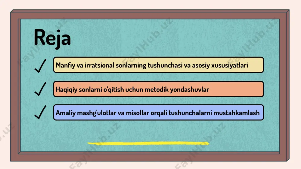 llar va muammolar yechish imkoniyatlari beriladi. bu ularning matematik tafakkurini mustahkamlashga yordam beradi. haqiqiy sonlarni o'qitish metodik yondashuvlari haqiqiy sonlar tushunchasi va ahamiyati: bu sonlar matematik model va ilovalar uchun muhim asos bo'lib, keng doiradagi sonlarni o'z ichiga oladi. o'qitish metodikalarining asosiy turlari: differensial yondashuv, amaliy misollar, vizualizatsiya va texnologik yordamlar - bu usullar o'quvchilarning tushunishini chuqurlashtiradi. haqiqiy sonlarni o'qitishda innovatsion yondashuvlar: interaktiv metodlar, onlayn platformalar, simulyatsiyalar va amaliy ilovalar yordamida tushunishni rivojlantirish mumkin. bu yondashuvlar zamonaviy texnologiyalar bilan integratsiyalashgan. haqiqiy sonlarni o'qitish jarayoni o'qitish jarayonida foydalaniladigan vositalar: interaktiv ta'lim dasturlari, vizual yordamlar va amaliy mashg'ulotlar haqiqiy sonlar bilan ishlashda muhim rol o'ynaydi. shuningdek, kalkulyatorlar va matematik simulyatorlar yordamida o'quvchilarning tushunchasini mustahkamlash mumkin. o'qitish metodlarining samaradorligi: amaliy yondashuvlar va muhokama asosida o'qitish metodlari haqiqiy sonlarni tushunishda muvaffaqiyatli bo'ladi. o'quvchilarning fikrlash va muammo yechish ko'nikmalarini rivojlantirish uchun real hayotdagi misollar va vazifalar bilan ishlash tavsiya etiladi. 1 2 amaliy mashg'ulotlar orqali …