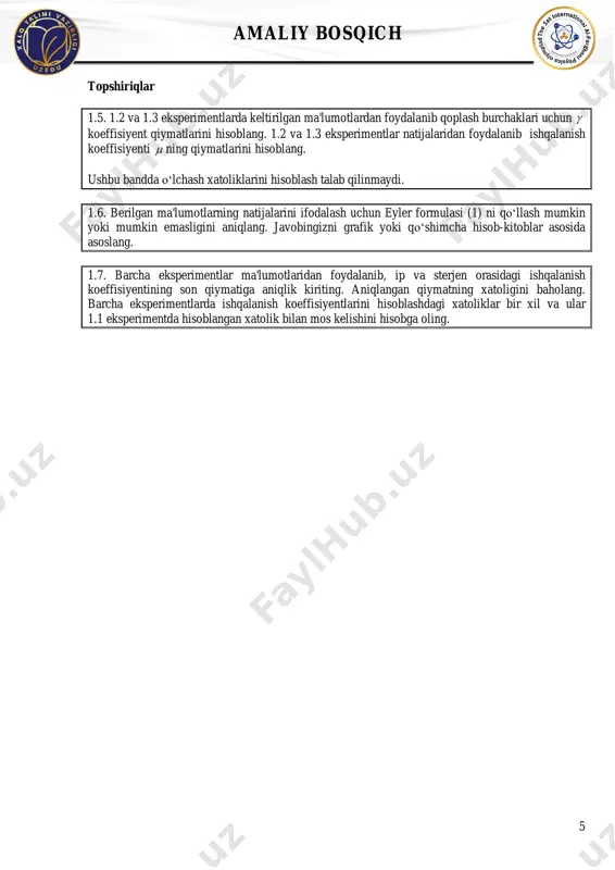 di. quti koordinatasi x stolning chetidan hisoblanadi va u ushbu qurilmaga “bog‘lanmagan”. prujina deformatsiyalanmaganida qutining koordinatasini 0x orqali belgilaymiz (bu kattalikni siz aniqlashingiz lozim). ishqalanish mavjudligi sababli (stolda ham, blok o‘qida ham) “turib qolish” soxasi mavjud bo‘lib, bu oraliqda quti tinch holatda bo‘ladi. bu soxa chegaralarini o‘lchashda 1-qismni bajarishda foydalanilgan metodika ishlatilgan. dastlab quti o‘ng tomonga suriladi, bunda prujinani shunday cho‘zish lozimki, quti “turib qolish” soxasidan o‘ngga chiqsin; undan so‘ng quti qo‘yib yuboriladi va u chapga to‘xtagunga qadar sekin qo‘zg‘ala boshlaydi (buning uchun ip qo‘l bilan ushlab ohista qo‘yib boriladi). bu xolda qutining to‘xtash joyining koordinatasini 1x orqali belgilaymiz. so‘ngra eksperiment teskari yo‘nalishda takrorlanadi: quti chapga siljitiladi va turib qolish holatidan chiqariladi; so‘ngra quti qo‘yib quboriladi va u sekin o‘ngga qarab to‘xtagunga qadar harakatlanadi (bunda ham ip qo‘l bilan ohista ushlab turiladi). bu holda quti to‘xtash joyining koordinatasini 2x orqali belgilaymiz. qutidagi yuklar 0n sonining turli qiymatlarida 1x va 2x …