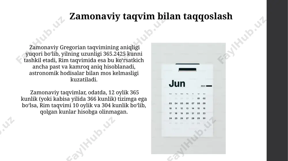 21 dekabr va 21 iyun – muhim marosimlar bilan nishonlangan. bayramlar va marosimlar rim taqvimida 354 kunlik oylik siklga asoslangan bo'lib, qo'shimcha kunlar yilning to'g'ri uzunligini ta'minlash uchun qo'shilgan. kunlarning hisobi "kunlarning hisobi"da 365 kun (oddiy yil) yoki 366 kun (kabisa yili) mavjud bo'lib, bu yerning quyosh atrofida aylanish davriga mos keladi. rim taqvimida oyning uzunligi 29 yoki 30 kundan iborat bo'lib, bu zamonaviy grigoriy taqvimiga nisbatan sezilarli farqni ko'rsatadi. rim taqvimining tuzilishi rim taqvimi dastlab 10 oylik boʻlib, keyinchalik yanvar va fevral oylari qoʻshildi, bu esa 12 oylik tizimni shakllantirdi, ularning nomi asosan rim xudolariga bagʻishlangan. rim taqvimi 12 oyga boʻlingan boʻlib, har bir oyning uzunligi 29 yoki 30 kundan iborat edi, lekin aniq davomiyligi yil fasllariga bogʻliq ravishda oʻzgarib turardi. e'tiboringiz uchun rahmat @taqdimot_robot image1.jpg image2.jpg image3.jpg image4.jpg image5.jpg image6.jpg image7.jpg image8.jpg image9.jpg image10.jpg image11.jpg image12.jpg