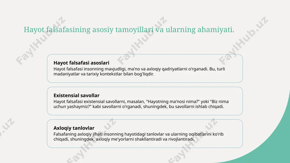 o'zbek falsafasining tarixi qadimgi zamonlardan boshlab, islom ta'sirida rivojlangan. bu davrda mutafakkirlar inson, hayot va axloqiy masalalarga e'tibor qaratganlar. asosiy mutafakkirlar al-farobiy, ibn sino va al-biruniy kabi buyuk mutafakkirlar o'zbek falsafasining rivojlanishida muhim rol o'ynagan. ular hayot ma'nosi va etik qadriyatlar haqida chuqur fikrlar bildirganlar. zamonaviy ta'sirlar xx asrda o'zbek falsafasi zamonaviy g'oyalar bilan boyidi. globalizatsiya va madaniyatlararo almashuv falsafiy qarashlarga yangi yo'nalishlar kiritdi, hayot ma'nosini qayta ko'rib chiqishga olib keldi. o'zbek madaniyatida ma'naviyat va etik qadriyatlar. 1 ma'naviyat tushunchasi o'zbek madaniyatida ma'naviyat, insonning ruhiy holatini ifodalaydi. bu, ijtimoiy ahamiyatga ega bo'lgan qadriyatlar, an'analar va din bilan bog'liq. 2 etik qadriyatlar o'zbeklar uchun etik qadriyatlar, adolat, halollik va mehr-oqibatga asoslanadi. bu qadriyatlar, jamiyatda muhim ijtimoiy me'yorlarni belgilaydi. 3 an'anaviy qarashlar o'zbek madaniyatida an'anaviy qarashlar, hayotning ma'nosini, oilaviy aloqalarni va jamiyatdagi rolni muhim deb biladi. bu, ahloqiy muvozanatni saqlaydi. 4 ma'naviy tarbiya ma'naviy tarbiya, o'zbek yoshlari uchun muhim ahamiyatga ega. u, …