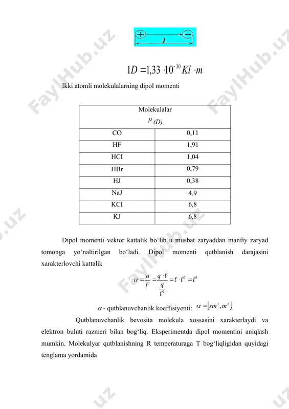 abssissa о‘qiga parallel tо‘g‘ri chiziq beradi. dipol momentiga ega bо‘lgan molekula uchun tо‘g‘ri chiziq burchak hosil qiladi abssissa о‘qiga nisbatan. bu burchakning tangensi 2-formulaga asosan: har xil temperaturada r ni aniqlab burchakni topish yо‘li bilan dipol momentini topishimiz mumkin. tо‘g‘ri chiziqni davom ettirib ordinata о‘qi bilan kesishguncha (t—>∞ tо‘g‘ri keladi) (-qutblanuvchanlikni aniqlaymiz. ordinata о‘qidagi kesma ga tо‘g‘ri keladi. molekulalarning summaviy dipol momenti ularning alohida bog‘lanishlar dipol momentlarining vektorini yig‘indisiga teng. summaviy dipol momentini topish uchun vektorlarni qо‘shish mumkin. faraz qilamizki, (1 va (2, dipollar berilgan bо‘lsin ( burchak ostida yо‘nalgan bо‘lsa agar (1 =(2, teng bо‘lsa da da bо‘ladi. shunday qilib dipol momentini qiymati bevosita malekulalarni strukturasi hamda simmetriyasi bilan bog‘liqliqdir. dipol momenti molekulada bо‘ladigan har qanday о‘zgarishga nihoyatda sezgirdir. molekulalar har xil stasionar holatda turganda ularning fizikaviy-ximiyaviy xususiyatlari ham har xil bо‘ladi. masalan molekulalar uyg‘ongan holatga о‘tganda uning kutublanuvchanlik (() koeffisiyenti, reaksiyaga kirish qobilyati va dipol momenti qiymati ham …