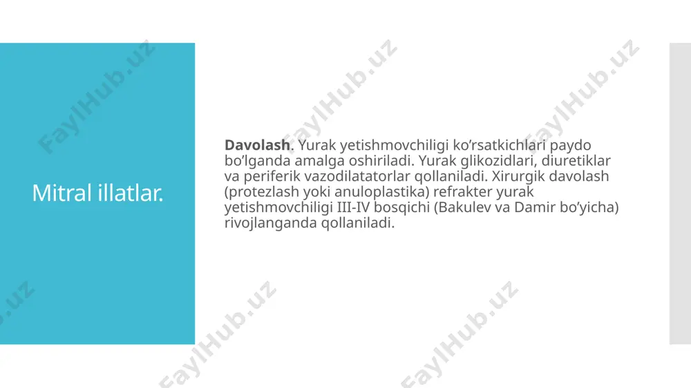 riyali kardiomiopatiya). aortal stenoz orttirilgan va tugma bo’lishiga mumkin. orttirilgan aortal stenoz sabablari revmatizm, aterosklerotik shikastlanish va klapanlarning keyinchalik ohaklanishi bilan kechuvchi birlamchi-degenerativ o’zgarishlar bo’ladi. aortal stenozda qon oqimining chap qorinchadan aortaga yo’nalishi buziladi, natijada chap qorincha boshligi va aorta orasidagi gradient bosim o’zgaradi. gipertrofiyalangan chap qorinchaning katta imqoniyatari hisobiga, yurak chiharish kuchi uzoq vaqtgacha o’zgarishsiz qoladi, lekin fizik yuklamada kamroq oshadi. dekompensasiya belgilari paydo bo’lganda oxirgi diastolik bosim oshishi va chap qorincha dilatasiyasi vujudga keladi.klinik manzarasi. aortal stenoz ko’p vaqtgacha hech qanaqa sub'ektiv sezgilarini bermasligi mumkin. nisbatan ijobiy prognoziga haramasdan 5-15% bemorlarda to’satdan olim sodir bo’ladi. aortal illatlar birinchi belgisi sifatida stenokardiya xurujlari, hushdan ketish yoki hansirash bo’lishiga mumkin. stenokardiya xurujlari bosh miyaning qon bilan taminlanishi buzilishiga, ba'zida esa yurak maromining o’tuvchi buzilishlari bilan bog’liq. yurakni tekshirganda cho’qqi turtkisining pastga, oltinchi qovurgalararo oraliqga tushishi aniqlanadi .ikkinchi qovurg’alararo oraliqda to’shdan chap tomonda xususiyatli sistolik titrash bilinadi. auskultasiyada kuchli sistolik shovqin …