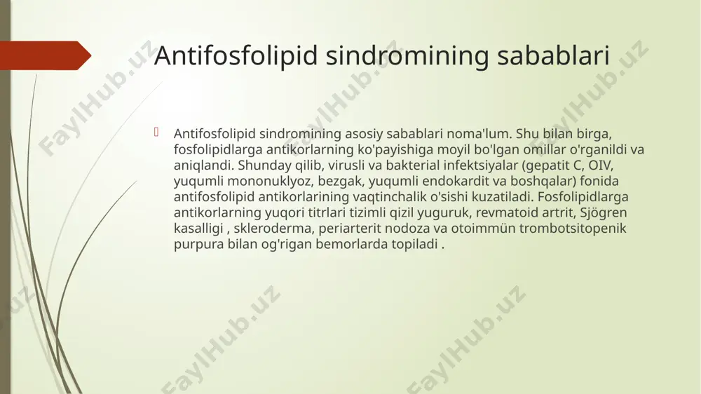 kasi doirasida infektsion endokardit va yurak miksomasi bilan differentsial tashxis qo'yish kerak . buyrak belgilari engil proteinuriya yoki o'tkir buyrak etishmovchiligini o'z ichiga olishi mumkin. oshqozon-ichak trakti tomonidan antifosfolipid sindromi gepatomegaliya , oshqozon-ichakdan qon ketishi, tutqich tomirlarining tiqilib qolishi, portal gipertenziya va taloq infarktiga olib keladi. teri va yumshoq to'qimalarning tipik lezyonlari bilan ifodalanadi livedo reticularis , palmar va plantar eritema, trofik yaralar, barmoqlarning gangrenasi; mushak-skelet tizimi - suyaklarning aseptik nekrozi (femur boshi). antifosfolipid sindromining gematologik belgilari trombotsitopeniya, gemolitik anemiya va gemorragik asoratlardir. antifosfolipid sindromining diagnostikasi antifosfolipid sindromi klinik (qon tomir trombozi, murakkab akusherlik tarixi) va laboratoriya ma'lumotlari asosida tashxislanadi. asosiy immunologik mezonlar olti hafta ichida ikki marta qon plazmasida igg / igm sinfidagi kardiolipin va qizil yuguruk antikoagulyantiga o'rta yoki yuqori titrli antikorlarni aniqlashni o'z ichiga oladi . tashxis kamida bitta asosiy klinik va laboratoriya mezonlari birlashtirilganda ishonchli hisoblanadi. antifosfolipid sindromining qo'shimcha laboratoriya belgilari - noto'g'ri-musbat rw, ijobiy kumbs …