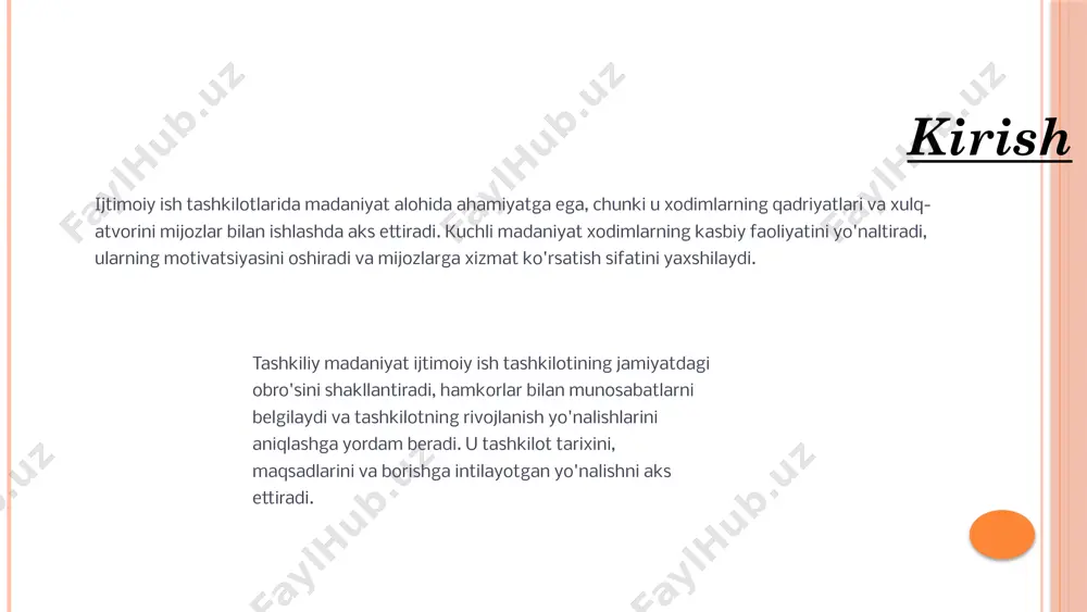 o'rovnomalar va intervyular tashkiliy madaniyatni baholashning eng keng tarqalgan usuli - xodimlar, rahbarlar va mijozlar o'rtasida so'rovnomalar o'tkazish va intervyular olishdir. bu miqdoriy va sifat ma'lumotlarini to'plash imkonini beradi. anonim so'rovnomalar xodimlardan to'g'ri fikrlarni olish imkonini beradi ochiq savollar bilan intervyular chuqurroq tushunish imkonini beradi fokus-guruhlar jamoa fikrlarini aniqlashga yordam beradi kuzatish va tahlil tashkilot ichidagi kundalik xatti-harakatlarni, qaror qabul qilish jarayonlarini va muloqot usullarini kuzatish ham madaniyatni baholashning samarali usuli hisoblanadi. yig'ilishlar, tadbirlar va norasmiy suhbatlarni kuzatish jismoniy muhit va ish joyini tahlil qilish tashkilot hujjatlari va kommunikatsiyasini o'rganish tashkiliy diagnostika vositalari maxsus ishlab chiqilgan diagnostika vositalari va modellar tashkiliy madaniyatni tizimli ravishda baholash imkonini beradi. competing values framework (cvf) modeli organizational culture assessment instrument (ocai) denison organizational culture survey schein's three levels of culture modeli 7 tashkiliy madaniyatni o'zgartirish jarayoni o'zgarishga ehtiyojni aniqlash tashkiliy madaniyatni o'zgartirish jarayoni mavjud madaniyatni chuqur tahlil qilish va uning tashkilot maqsadlariga muvofiqligi darajasini …