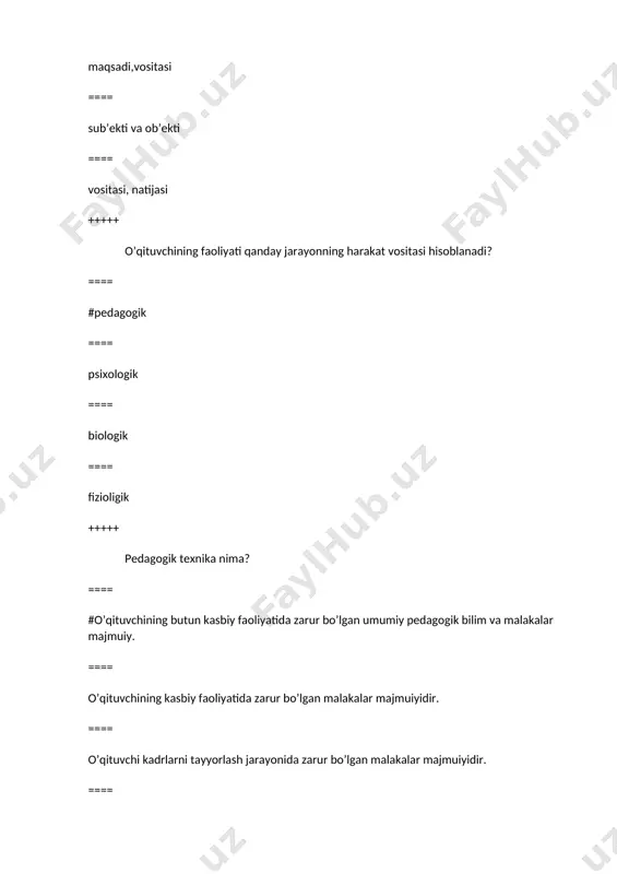 bolalarni huquqiy himoyalash muasasalarit izimiga" ==== halq ta’limi tizimiga +++++ 1994 yili o’qituvchilar tayyorgarligi agentligi qayerda tashkil qilindi? ==== #angliya va uelsda ==== o’zbekiston va hindistonda ==== aqsh va germaniyada ==== rossiya va xitoyda +++++ pedagoпik texnika nima? ==== #"o’qituvchining butun kasbiy faoliyatida zarur bo’lgan umumiy pedagogik bilim va malakalar majmuiy." ==== "o’qituvchining kasbiy faoliyatida zarur bo’lgan malakalar majmuiyidir." ==== kadrlarni tayyorlash jarayoni. ==== ta’lim berish jarayoni. +++++ pedagogik texnikaning muhum xususiyati qanday? ==== #"o’qituvchining manaviy va estetik qiyofasi" ==== o’qituvchining mimikasi ==== o’qituvchining estetikasi ==== o’qituvchining manaviyati +++++ individual pedagogik texnikaning shakillanishi qanday omillarga bog’liq? ==== #o’qituvchining yoshi, sog’ligi, fel-atvori ==== o’qituvchining manaviyati ==== o’qituvchining konikmasi ==== o’qituvchining ijtimoiy kelib chiqishi +++++ o’qituvchilarning shaxsiy xislatlari qaysilar? ==== #"bolalarni sevish, kamtarligi, mexnatsevarligi" ==== moliyalashtirish, maqsad, aqilligi, kamtarinligi ==== kadrlarni tayyorlash jarayonida ijtimoiy kelib chiqishi ==== kadrlarni tayyorlash jarayonida dilkashligi +++++ innovatsiya so’zi qaysi tildan kelib chiqqan? ==== #lotin tili ==== …
