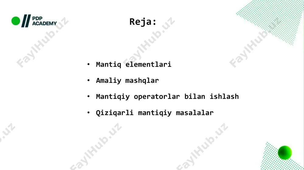 di. q: kecha yomg’ir yog’di. ularning dizyunksiyasi: kecha qor yoki yomg’ir yog’di. dizyunksiya (yoki, ∨, +) uchun rostlik jadvali: masalan: p: 8 > 5 yoki q: 2*2=4 p: 8 > 5 yoki q: 2*2=5 p: 8 < 5 yoki q: 2*2=4 p: 8 < 5 yoki q: 2*2=5 mantiqiy inkor nima? istalgan p mulohaza uchun “p emas” mulohazasi p ning inkori (inversiya) deyiladi va kabi belgilanadi. mantiqiy inkor (emas, ⎤) amalining rostlik jadvali : amaliy mashqlar gaplarni konyunksiya, dizyunksiya va inkor mantiqiy bog’lovchilari yordamida ifodalang: • sardorga muzqaymoq va salqin ichimliklar yoqadi; • komputer ishlamaydi; • 17 soni 10 dan katta bo’lgan tub sondir; a – “alisher 2-sinfda o‘qiydi”, mulohazalar berilgan bo‘lsa, а b – “alisher 8 yoshda” λ в ni so‘zlar orqali yozing. yechish: ifodada a va b mulohazalarning mantiqiy ko‘paytmasi berilgan. mantiqiy ko‘paytma “va” bog‘lovchisiga mos kelgani uchun berilgan mantiqiy ifoda quyidagicha o‘qiladi: alisher 2-sinfda o‘qiydi va u …