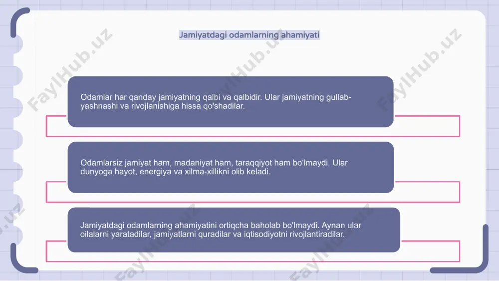 olarga ijodiy yechim topishlari mumkin. jamoalarda ishlash, shuningdek, ijobiy va samarali ish muhitini qo'llab, do'stlik va o'zaro yordam tuyg'usini rivojlantirishi mumkin. odamlarning texnologiyaga ta'siri odamlar texnologiyaga, uning rivojlanishi va qabul qilinishiga sezilarli ta'sir ko'rsatadi. texnologiyadagi innovatsiyalar ko'pincha odamlarning ijodiy g'oyalari va qobiliyatlari natijasida yuzaga keladi. odamlarning texnologiyadan foydalanish usuli ham uning evolyutsiyasi va funksionalligiga ta'sir qilishi mumkin. tarix davomida odamlarning evolyutsiyasi tarix davomida odamlarning evolyutsiyasi turli xil ijtimoiy, madaniy va texnologik o'zgarishlar bilan shakllangan. dastlabki ovchi-yig'uvchilar jamiyatlaridan qishloq xo'jaligining yuksalishi va murakkab tsivilizatsiyalarning shakllanishigacha odamlar doimiy ravishda moslashdilar va o'zgarib bordilar. aloqa, transport va sanoatlashtirish sohasidagi yutuqlar odamlarning yashash, ishlash va bir-biri bilan munosabatini yanada o'zgartirdi. odamlar psixologiyasi odamlar psixologiyasi - bu ularning fikrlari, his-tuyg'ulari va xatti-harakatlarini tushunishni o'z ichiga olgan murakkab mavzu. u odamlarning dunyoni qanday idrok etishi, munosabatlarni shakllantirishi va qaror qabul qilishini o'rganadi. psixologiyani o'rganish orqali biz odamlar nima uchun ular shunday harakat qilishlari va ular bilan …