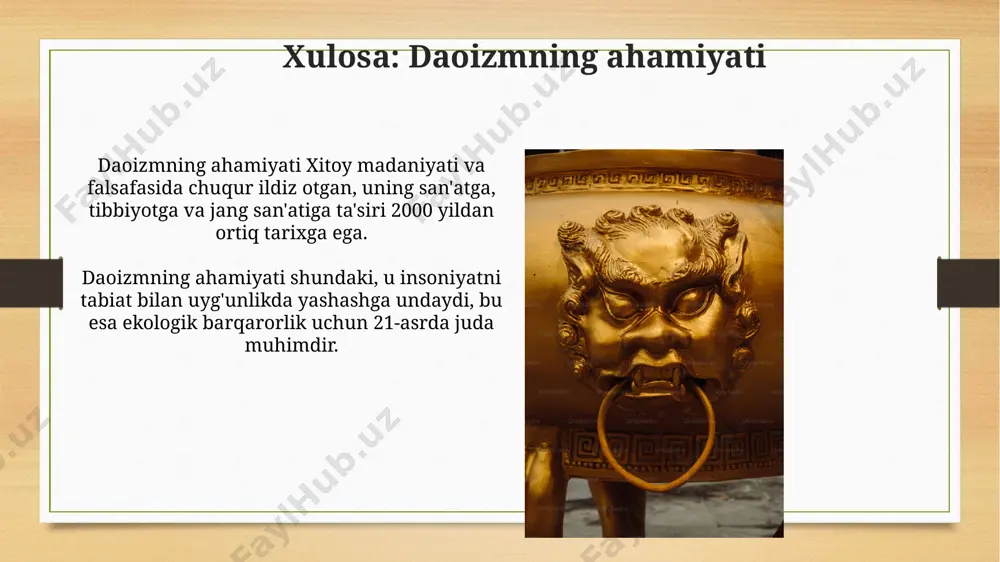 a’lumot beradi. «daodejing» (taxminan miloddan avvalgi 6-asr) daoizmning asosiy matni bo‘lib, unda dao falsafasi va dao bilan uyg‘unlashgan holda yashash yo‘llari bayon etilgan. shaxsiy tajribalar va guvohliklar oqsoqollar va o'qituvchilarning guvohliklari an'anaviy rasm-rusumlar va matnlarning ahamiyatini, shuningdek, dao falsafasining shaxsiy o'sish va uyg'unlikka qanday hissa qo'shishini ta'kidlaydi. ba'zi daoizm tarafdorlari shifobaxsh maqsadlarda qigong va tay-chi kabi amaliyotlarga shug'ullanadilar, bu orqali energiya oqimini (qi) muvozanatlashtirishga intiladilar va sog'liqni yaxshilashga erishadilar. e'tiboringiz uchun rahmat @slaydtayor_bot image8.jpg image9.jpg image10.jpg image11.jpg image12.jpg image13.jpg image14.jpg image15.jpg image16.jpg image17.jpg image18.jpg image19.jpg image20.jpg image21.jpg image22.jpg image23.jpg image24.jpg image3.png image4.png