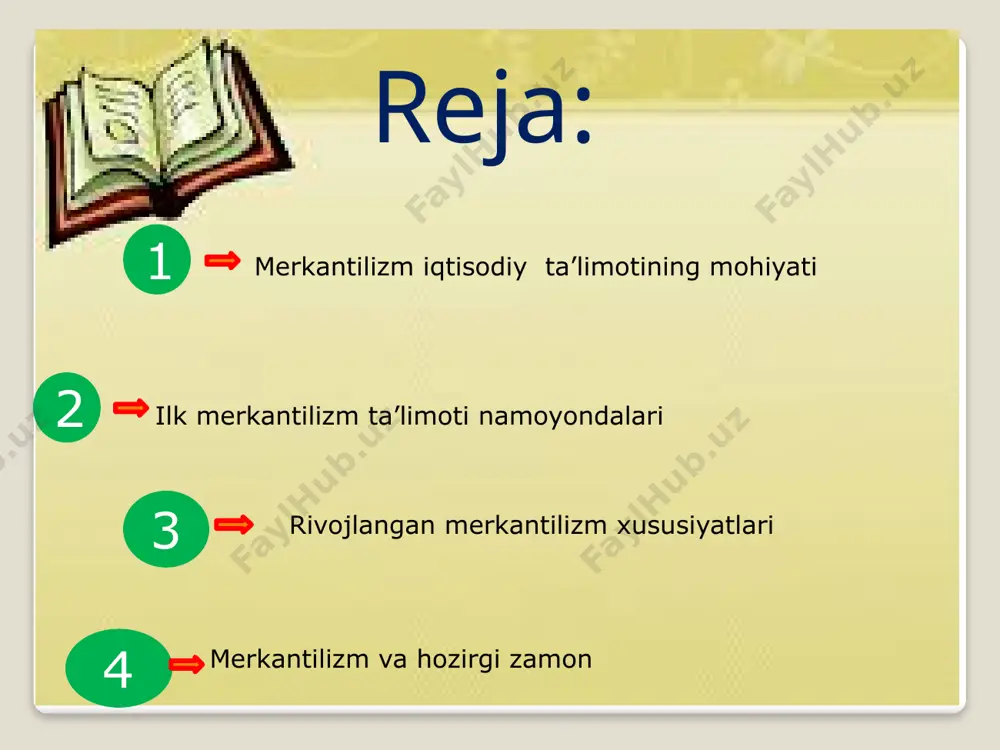 lning o’zini esa boylik bilan bir narsa deb qaradilar; merkantilistlarning tamoyillari: eksportni, ayniqsa, tayyor mahsulotlar eksportini rag’batlantirish ish haqining past darajasini ushlab turish mamlakatga oltin va kumushning oqib kelishini ta’minlash maqsadida tashqi savdoni tartibga solish arzon xom ashyoni import qilish yo’li bilan sanoatni rag’batlantirish import qilinadigan sanoat tovarlariga protek-tsionistik tariflarni belgilash har qanday oltin va qimmatbaho narsalarga boylik sifatida qarash; dastlabki merkantulizm. - davlatning kuch-qudrati pulda, shunga qarab aholining turmush tarzi shakllanadi.pulni qonuniy yo’l bilan ko’paytirish.davlat qimmatbaho metallarni chetga chiqarmaslik, importni cheklashga harakat qilishi, chetdan pul kirib kelishini rag’batlantirish kerak. keyingi merkantilizm. - aktiv savdo balansiga erishish, ya’ni ko’roq sotib sotib olishni targ’ib qilishadi. merkantilizm merkantilizm ta’limotining namoyondalari: marian xvii asrning 20-yillarida ispan bimetall monetar nazariyasi-ning etuk himoyachisi qimmat-li toshlardan iborat xorijiy monetalarga ayirboshlanadigan tovarlarni chetga chiqarishdan boshqa, barcha har qanday tashqi savdoni man etish talabini ilgari surdi. u chetga faqat tayyor mahsulot chiqarishni, isrofgarchilikka qarshi qattiq kurashishni, qimmatbaho xorijiy …