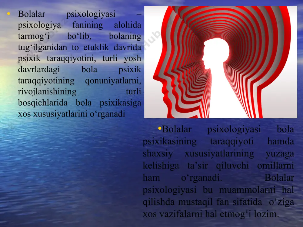 im – tarbiya metodining effektivligi aniqlanadi. masalan: biron tadqiqotchi bolalarni son – sanoqqa o‘rgatishning kandaydir yangicha metodini ishlab chiqqan bo‘lsa, uni pedagogik eksperiment metodi orqali sinab ko‘radi. buning uchun oldindan bog‘cha ma’muriyati bilan kelishib 1 ta eksperimental va 1 ta nazorat guruhini belgilab oladi. shundan so‘ng tadkikotchi eksperimental guruhda yangicha metod bilan elementar mavhum tasavvurlarni o‘stirish mashg‘ulotini o‘tkazadi. nazorat guruhida esa bu mashg‘ulotlar odatdagi eskicha metod bilan davom ettirilaveradi. bolalar psixologida asosiy metodlardan tashqari yordamchi metodlardan ham keng foydalaniladi. bolalar psixiologiyaning yordamchi metodlaridan – faoliyat mahsulotlarini o‘rganish metodidir. bolalar ham xuddi katta odamlar singari doim ma’lum faoliyat bilan mashg‘ul bo‘ladilar. bolalar psixologiyasi so‘rash – suhbat metodidan keng foydalaniladi. bu metodni 5-6 yoshli bolalarga nisbatan qo‘llash mumkin. bunda bolalarga turli mavzularga doir savollar beriladi va ulardan og‘zaki suhbatning mavzui va suhbat paytida bolalarga beriladigan savollar oldindan yaxshilab uylab olinadi. suhbat jarayonida javoblarni yozib olib, keyinchalik javoblarni taxlil qilish mumkin. suhbat metodini …