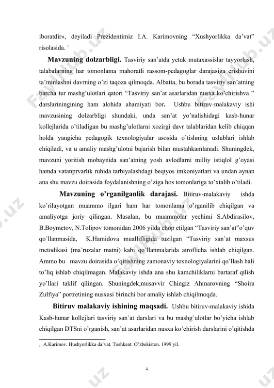 ira zulfiya” portretidan nusxa olish vazifasini amaliy bajarish ham maqsad qilib qo’yilgan. bitiruv malakaviy ishining vazifalari. bitiruv-malakaviy ishini bajarishda quyidagilarni amalga oshirish vazifa qilib qo’yiladi: - mavzuning dolzarbligi, maqsadi va vazifalarini aniq belgilab olish; - tasviriy san’at texnologoiyasi fanining maqsad va vazifalari, kasb-hunar kollejlari tasviriy san’at yo’nalishlarida o’qitishning davlat ta’lim standartlarini, bu darslarni o’qitishning o’ziga hos jihatlarini ilmiy o’rganish; - bu fanni o’qitishda ilg’or zamonaviy pedagogik texnalogiyalardan foydalanishning samarali yo’llarini o’rganish , tatbiq qilish va amaliy ishlab chiqish; - ”tasviriy san’at teznologiyasi va nusxa ko’chirish” ning nazariy asoslarini o’rganish; - musavvir chingiz ahmarovning “shoira zulfiya” portretini reproduksiyalarini izlab topish va uning yaratilish tarixini o’rganish; - chingiz ahmaro hayoti va ijodini o’rganish; - “shoira zulfiya” portretinidan moybo’yoqda nusxa olish amaliyotini bajarish; bitiruv malakaviy ishining metodlari. analitik taxlil, pedagogik ko’zatish , anketa, pedagogik tajriba, sistemalashtirish. bitiruv malakaviy ishining mеtadologik asosi. o’zbеkiston rеspublikasi “ta'lim to’g’risida” gi qonuni, “kadrlar tayyorlash milliy dasturi”, o’zbеkiston rеspublikasi …