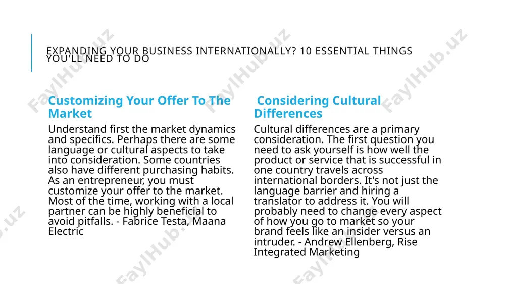 va expanding your business internationally? 10 essential things you'll need to do expanding your business internationally? 10 essential things you'll need to do understanding customs, culture and desires what is the need for your product in that country? what do they have now? how will your presence contribute positively to the culture and the country? it's vital to understand the customs, culture and desires of the people as well as speak a language they are familiar with. too often, companies expand without doing research into the differences. understand the uniqueness before investing in expansion. - kevin coker, proxima clinical research, inc. doing market research entrepreneurs must be cautious with each and every step of their expansion into the international market since the new market has its own risks and rewards. learn about similar products or services' success or failure in the new market by getting into the streets personally would …