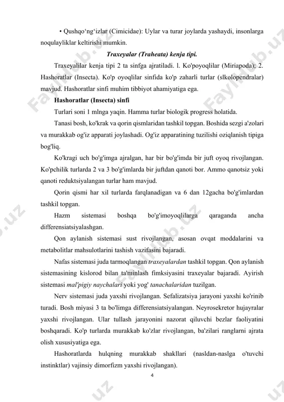 chilarining mehanik yoki spesifik tashuvchilari hisoblanadi. 2. ular orasida ektoparazitardar ham, endoparazitlar ham mavjud. 3. hashoratlar sinfi vakillari orasida zaharli turlar ko'p. suvaraklar (blattoidea) turkumi. qanotli hashoratlar bo'lib, hamma joyda keng tarqalgan. turlari juda xilma-xil. to'liqmas metamorfoz yo'li bilan, lichinkalari bir necha marta tullab rivojlanadi. qora suvarak (blatta orientalis) va malla suvarak (blatta gepmanica) boshqa turlarga nisbatan ko’proq tarqalgan. malla suvarak (blatta gepmanica) - kasallik qo'zg'atuvchilarining mexanik tashuvchisi. yirik hashoratlar qatoriga kirib, o'lchami ba'zan 3-6 sm gacha yetadi. tanasi dorzoventral yassilngan, 2-juft qanoti bor. og'iz apparati kemiruvchi tipda tuzilgan. qorin sohasining oxirida oyoqlari gomologlari - serklar deb ataluvchi o'simtalar kuzatiladi. tuxumlarini pilla ichiga qo'yadi, urg'ochisi pillalarni o'zi bilan 10-15 kungacha olib yuradi. to'liqmas metamorfoz bilan rivojlanadi. suvaraklar asosan kechasi faol hayot kechiradi, odamning yashash joylarida, oshxonalarda, axlat to'plangan joyda yashaydi. ular ovqat qoldiqlari, balg'am, axlat bilan ovqatlanadi, kunduzi yashirinib yotadi va kechasi ovqat axtarib chiqadi. suvaraklarning tibbiyotdagi ahamiyati. juda ko'p …