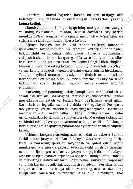 vazifalar qo‘yishni ta’minlashga imkon beradi. marketing tadqiqotida algoritmlash hisob-kitob jarayoni mazmunining rasmiy yozuvlarini, uning strukturasi va bosqichlari ketmaketligni ko‘zda tutadi. algoritm – ularni bajarish ko‘zda tutilgan natijaga olib keladigan, bir ma’noda tushuniladigan harakatlar yakuniy ketma-ketligi. shunday qilib, marketing tadqiqotining mohiyati bozor vaziyati va uning rivojlanishi, jumladan, kelgusi davrlarda ro‘y berishi mumkin bo‘lgan o‘zgarishlar xaqidagi ma’lumotlar to‘planishi, aks ettirilishi va tahlil qilinishidan iborat bo‘ladi. ikkinchi bosqich mos keluvchi rahbar struktura tomondan qo‘yiladigan loyihalashtirish va tadqiqot o‘tkazish, shuningdek, tadqiqotchilik uslubiyatlari ishlab chiqish bo‘yicha topshiriqlarni aniqlashtirishdan iborat. bu qatorga sifat va atributiv tahlil usullari ham kiradi. tadqiqot strukturasi va ketma-ketligi ishlab chiqiladi. mazkur bosqich marketing tadqiqoti umumiy modeli bilan bog‘laydi va marketing tadqiqoti metodologiyasini detallashtirish hisoblanadi. tadqiqot loyihasi muammoli vaziyatni baholash uchun dastlabki tadqiqotlarni o‘z ichiga oladi. muayyan farazlar, tavsifiy va sabab tadqiqotlari ko‘rib chiqiladi, shundan keyin yakuniy tadqiqot o‘tkaziladi. marketing tadqiqotining usluiy kompleksida turli baholash va shkalalash usullari, shuningdek, statistik va ekonometrik …
