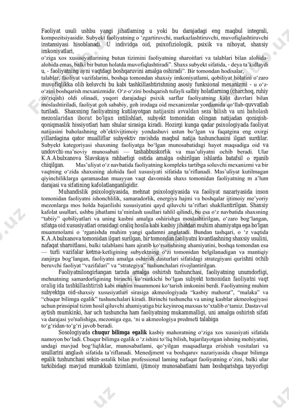nsonni shaxsiy rivojlanish bilan birga ijtimoiy rivojlanishga ham xizmat qilishga rag‘batlantiradi. 4. kasbiy va shaxsiy rivojlanish o‘rtasidagi balans: insonparvarlashtirish tamoyili shaxsning kasbiy rivojlanishini uning shaxsiy o'sishidan ajratmaslikni ta’kidlaydi. inson kasbida yuksalishi mumkin, ammo bu jarayon uning ichki ehtiyojlari va qadr-qimmatini rivojlantirish bilan birga sodir bo‘lishi kerak. akmeologiyada bu balans muhim sanaladi, chunki faqat kasbiy yutuqlar orqali to‘liq rivojlanishga erishib bo‘lmaydi umuman olganda, insonparvarlashtirish tamoyili insonni shaxs sifatida to‘laqonli rivojlantirish, uning ichki dunyosi va tashqi faoliyati o‘rtasidagi uyg‘unlikni ta’minlashga qaratilgan. shu tarzda, inson nafaqat o‘z hayotida muvaffaqiyat qozonadi, balki ijtimoiy jarayonlarda ham o‘z hissasini qo‘shadi. bu tamoyillar akmeologiyaning asosiy maqsadi, ya'ni insonning kasbiy va shaxsiy cho'qqilariga erishish jarayonini tushunishga xizmat qiladi. 2. akmeologiyada tadqiqotning o‘ziga xos uslubiy tamoyillari: faoliyat sub’yekti, hayotiy faoliyat, salohiyat va dolzarblik, operatsion-texnologik, teskari aloqa. faoliyat subyekti prinsipi shaxs prinsipining aniq mohiyati va mazmuni akmeologiya uchun uning psixologiyada tushunilishi bilan qiyoslagan holda ochib beriladi. s.l.rubinshteyn, shaxsga oid prinsipni …