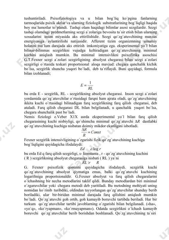 ning zamonaviy uslublaridan biri r.shepardning ko`p o`lchovli shkalalashtirish metodikasidir. uning yordami bilan sezgirlikning eng muhim va o`ziga xos tomonlari o`rganiladi. bunday tadqiqotlar nafaqat sezgirlik psixofizikasida, balki hissiyot psixologiyasida, psixodiagnostika va psixosemantikada ham keng qo`llaniladi. psixofizik muammo keng ma`noda birinchidan, psixikaning tabiatdagi o`rni, tor ma`noda esa psixologik va fiziologik jarayonlarning o`zaro nisbatidir. ikkinchidan, psixofizika muammosini psixofiziologik muammo, deb atash mumkin. psixofizik muammolar - xvii asrda r.dekart jonli organizmlarning xulq-atvorini mexanik o`zaro ta`sir sifatida qarash kerakligi haqidagi g`oyani ilgari surgandan so`ng, ayniqsa, dolzarb bo`lib qoldi. bu g`oyaga ko`ra ongning tushuntirish qiyin bo`lgan aktlari jismsiz fazoviy bo`lmagan substantsiyaga kiritilgan. bu substantsiyaning ―tana mashinasi ishiga munosabati r.dekartni psixofizik o`zaro ta`sir kontseptsiyasini ilgari surishga undadi, ya`ni tana faqat harakat qiladi, jon faqat fikrlaydi, ular miyaning muayyan qismida bir-biriga ta`sir etadi. t.gobbs va b.spinoza bu g`oyaga qarshi chiqib, o`z qarashlarini ilgari surishgan. gobbs, sezgini moddiy jarayonlarning yordamchi predmeti, deb qarasa, spinoza g`oyalar tartibi, xuddi buyumlar tartibiga …