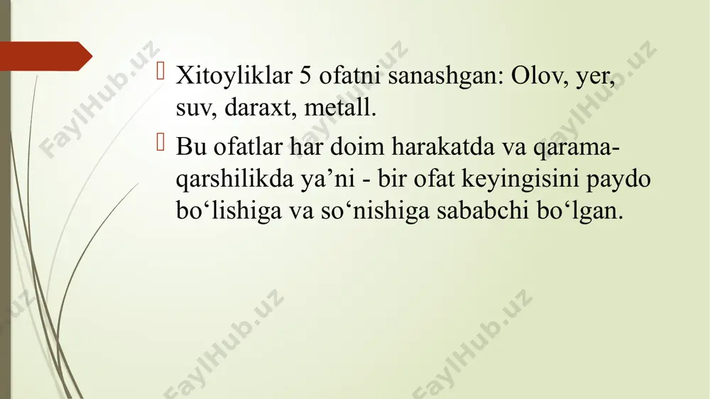 suv, olov, havo va efir (numing manbasi). kasallikning sababi deb nafaqat shu kabi suyuqliklar va birlamchi elementlaming buzilishi, balki iqlimning o‘zga o’zgarishi, parhez va shaxsiy gigiena qoidalarini buzilishi hisoblangan «ayurveda» - davolash san’ati — uzoq-umr ta’limoti bu davlatda juda qadrlangan. «ayurveda»ning tuzilishi eramizdan oldingi ix-iii asrlarga to‘g ‘ri keladi. bu ta’limotning to‘liq chop etilishiga tabib sushruta sababchi. uning kitobi tibbiyot bilimlarining katta ensiklopediyasi hisoblangan, u yerda nafaqat koxinlarga oid tabobat aks ettirilgan, balki rasional tabobat ham bo‘lib, xalqning asrlar davomida erishgan tajribalariga tayangan. ayurvedada 150dan ortiq o ‘tkir va surunkali, miya, yurak, qorin, siydik va jinsiy a’zolar, bo‘g ‘imlar va tananing boshqa a’zolarining kasallik sabablari tasvirlangan. parhez, uqalash va vanna tavsiyalari maslahatlari bilan birga 760 ta dorivor o‘simliklar to‘g ‘risida m a’lumot berilgan. hayvon mahsulotlari qo’llanilgan (sut, yog‘, miya, o ‘t). minerallardan ko‘prok simob ishlatilgan. jarrohlik ayurvedada 120tadan ortiq jarrohlik asboblari tasvirlangan. qadimiy hindiston tabiblari ko‘plab jarrohlik opersiyalarni qilishgan: qon …