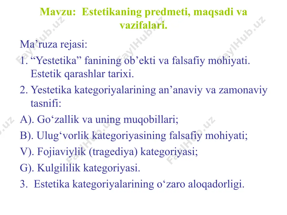 omdagi o‘z nomiga ega emasdi. baumgartenning bu boradagi hizmati shundaki, u «his qilish», «sezish», «his etiladigan» singari ma’nolarni anglatuvchi yunoncha aisthetikos–«oyestetikos» so‘zidan «estetika» (olmoncha «yestetik»- «eshtetik») iborasini olib, ana shu bo‘shliqni to‘ldirdi. baumgarten estetikani hissiy idrok etish nazariyasi sifatida ilgari surdi. lekin, ko‘p o‘tmay, u goh «go‘zallik falsafasi», goh «san’at falsafasi» sifatida talqin etila boshlandi. estetika fanining eng buyuk nazariyotchilaridan biri gegel esa o‘z ma’ruzalarining kirish qismida yozadi: «estetika» degan nom muvaffaqiyatsiz chiqqani va yuzaki ekani sababli boshqa atama qo‘llashga urinishlar bo‘ldi. so‘zning o‘z-o‘zicha bizni qiziqtirmasligini nazarda tutib, biz «estetika» nomini saqlab qolishga tayyormiz, buning ustiga, u odatiy nutqqa singishib ketgan. shunga qaramay, bizning fanimiz mazmuniga javob beradigan ibora, bu– «san’at falsafasi» yoki yana ham aniqroq qilib aytganda- «badiiy ijod falsafasi». nafosat tushunchasi va uning mohiyati nafosat. nafosat bir tomonlama, real voqelikni, ikkinchi tomondan ilmiy tushunchani anglatadi. u real voqelik sifatida inson hayotining barcha sohalarini nurlantirib turuvchi qamrovli ma’naviy hodisa, …