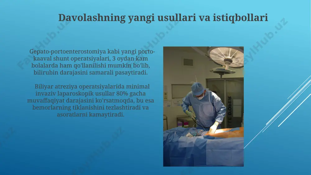 diametrli vena qismlaridan foydalaniladi va shuntning optimal joylashuvi, portal bosimini kamaytirish uchun juda muhimdir. savol va javoblar biliyar atreziyasi operatsiyalari bo'yicha 100 dan ortiq savol-javoblar to'plami mavjud bo'lib, ularda turli xil jarrohlik texnikalari, masalan, kasai operatsiyasi va boshqalar batafsil muhokama qilinadi. jarrohlik amaliyotlarining muvaffaqiyat darajasi va bemorlarning o'lim darajasi bilan bog'liq 25 ta statistik ma'lumotlar va ularga tegishli xulosalar berilgan. kasallikning 1-bosqichi: hepatoportoenterostomiya gepatoportoenterostomiya jarrohlik amaliyoti, biliar atreziyaning 1-bosqichida, taxminan 3 oylik chaqaloqlarda o't yo'llarining to'liq yopilishini bartaraf etish uchun qo'llaniladi. ushbu operatsiya, o't pufagi va o't yo'llarining obstruktsiyasi natijasida kelib chiqqan jigar shikastlanishining oldini olishga qaratilgan bo'lib, 90% dan ortiq muvaffaqiyatga erishiladi. safro yo'llarining atreziyasi: umumiy ma'lumotlar kasallikning og'irligi va prognozi atreziyaning joylashishiga, safro yo'llarining qaysi qismi ta'sirlanganiga va jarrohlik amaliyotining o'z vaqtida bajarilishiga bog'liq. bilirubin darajasi ko'tarilishi, sarg'ayish, qorin shishishi va qorin og'rig'i safro yo'llarining atreziyasi alomatlaridan hisoblanadi, va bu alomatlar hayotning dastlabki oylarida namoyon bo'ladi. safro yo'llarining …