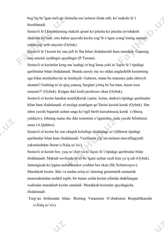 ur, shart, lozim, mumkin): men ertaga qolib bo`lsa ham, loyihani muhokamaga tayyorlashim shart (a.muxtor). klub ishini faqat bashoratxon bajarishi mumkin (a.muxtor). ko`makchi fe`llar bilan: noz-ne`mat to`la dasturxon ustida suhbat boshlanib ketdi (oybek). ko`makchilar bilan: baliqning tirigi suv, odamning tirikligi el bilan (maqol). bor, yo`q, emas so`zlari bilan: uch soatdan beri biron kimsa duch kelgani yo`q (a.muxtor). sanaladi, hisoblanadi, iborat so`zlari bilan: korxonaning tarixi safarbarlikdan iborat (a.muxtor). predikativlik affikslari bilan: biz ham inson o`g`limiz (x.x.niyoziy). bog`lamalar tuzilish jihatdan so`z bog`lama va affiks bog`lamaga va affiks bog`lamaga bo`linadi: kesimning ega bilan moslashuvi (koordinatsiya). ikki sostavli gaplarda ega va kesim moslashadi. bu shaxs-son affikslari fe`llari fe`lning ham grammatik jihatdan moslashadi: qishloq xo`jaligi xodimlari paxtadan mo`l hosil olish uchun kurashmoqdalar. ega va kesim faqat mantiq jihatdan moslashadi: barcha to`planadi. ega va kesimning shakliy jihatdan moslashuvi quyidagi xususiyatlar bilan harakatlanadi: gap kesimli fe`l bo`lganda: · ega i va ii shaxs olmoshlari bilan ifodalanganda, kesim bilan …