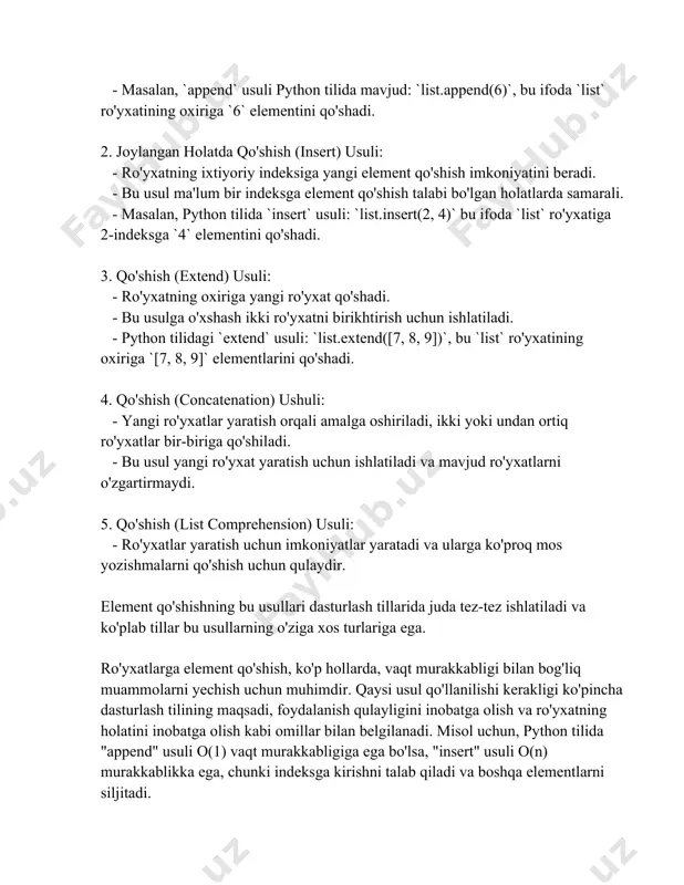 hi mumkin. bog'langan ro'yxatda elementni olib tashlashda ko'pincha qisqa vaqt talab etiladi, chunki har bir element boshqasi bilan bog'langan. - array ro'yxat: to'g'ri ro'yxatda elementni olib tashlash uchun qolgan elementlarni qayta joylashtirish yoki sintaktik funksiyalardan foydalanish talab etiladi. 3. dasturlash tillari bo'yicha olib tashlash amallari: - python: python tilida ro'yxatdagi elementni olib tashlash uchun "del" operatori, "remove()" metodi yoki "pop()" metodi qo'llanilishi mumkin. - misol uchun, `del mylist[2]` ro'yxatning uchinchi elementini olib tashlaydi. - `mylist.remove('element')` ma'lum qiymatga ega birinchi elementni o'chiradi. - `popped_item = mylist.pop(1)` ikkinchi indeksdagi elementni o'chirib, uning qiymatini qaytaradi. - c++: c++ tilida vector yoki listdan foydalanilganda `erase()` funksiyasi orqali elementni olib tashlash mumkin. - java: java-da arraylist dan foydalanilganda `remove()` metodi qo'llaniladi, masalan, `list.remove("element")` yoki `list.remove(index)`. 4. kompyuter fani bo'yicha tahlil: - amal qilish murakkabligi (time complexity): elementni olib tashlash jarayoni ko'pincha o(n) murakkablik bilan amalga oshiriladi, chunki ba'zi hollarda ro'yxatni qayta tashkil etish talab etiladi, …