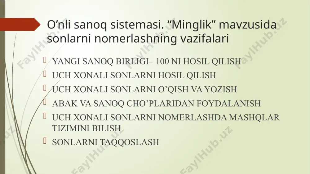 ngi sonlarni aytasiz (9, 10, 19, 30, 99, 100, 199 va boshqalar). 2. men sonni aytaman, sizlar esa undan keyin keladigan 3 ta sonni ayting (8, 59, 98, 387, 499 va boshqalar). 3. men sonni aytaman, sizlar esa shu sonning qo‘shnilarini ayting (10, 100, 200, 350, 400 va boshqalar). 4. 798 va 805, 849 va 860 sonlari orasidagi hamma sonlarni ayting. 100 bilan 200, 300 bilan 500, 100 bilan 1000 sonlari orasida nechta son bor? va hokazo. yozma nomerlash boʼyicha bilim va uquvlarni oʼzlashtirishga quyidagicha topshiriqlarni bajarish yordam beradi: 1) 346, 643, 364, 634, 463 sonlarni yozuvidagi har bir raqam nimani anglatadi? 2) 586, 59, 508, 905, 556, 354 sonlaridan har birining yozuvida 5 raqami nimani bildiradi? 3) 74, 77, 737, 777, 700, 1000 sonlaridan har birining yozuvida hammasi boʼlib nechta raqam va nechta har xil raqam foydalanilgan? 4) 0, 1, 5 raqamlari bilan oltita uch xonali son yozing. 5) …