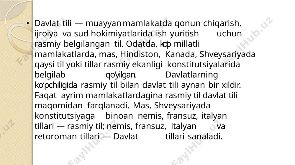 onaviy texnologiyalar bilan ta`minlanganligiga bog`liq. kasb-hunar kolleji muhandis-pedagog hodimlari oldiga tayyorlanayotgan ishchi kadrlarga ilmiy dunyoqarashni, mehnatga ijodiy munosabatini tarkib toptirish ularda yuksak mehnat intizomini va madaniyatini, jamoa oldida burch his-tuyg`ularini tarbiyalash kabi vazifalarni qo`yadi. milliy dasturning asosiy maqsadi: ta`lim sohasini tubdan isloh qilish, uni o`tmishdan qolgan mafkuraviy qarashlar va sarqitlardan to`la xalos etish, rivojlangan demokratik davlatlar darajasida, yuksak manaviy va ahloqiy talablarga javob beruvchi yuqori malakali kadrlar tayyorlash milliy tizimini yaratishdir. jamiyatda sodir bo`layotgan bugungi yangiliklar hamda iqtisodiy o`zgarishlar ta`lim tizimiga xususan o`rta maxsus kasb-hunar ta`limiga boshqacha yondashishni talab qiladi. kadrlar tayyorlash milliy dasturining asosiy amalga oshirish vazifalaridan biri ta`lim oluvchilarning tayyorgarlik sifati va ixtisosiga zaruriy talablarni, ularning madaniy va ma`naviy-ruxiy darajalarini aniqlab beruvchi davlat ta`lim standartlarini yaratish va tatbiq etishdir. 2-mavzu o''zbekistonrespublikasi prezidenti sh.m.mirziyoyevning “o‘zbek tilining davlat tili sifatidagi nufuzi va mavqeyini tubdan oshirish chora – tadbirlari to‘g‘risida”gi farmonida belgilangan vazifalarning amalda bajarilishi bo‘yicha tilshunos va adabiyotshunos olimlarning fikr …