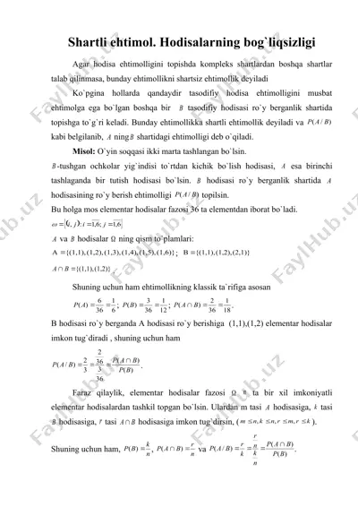 shartli ehtimol. hodisalarning bog`liqsizligi — DOC