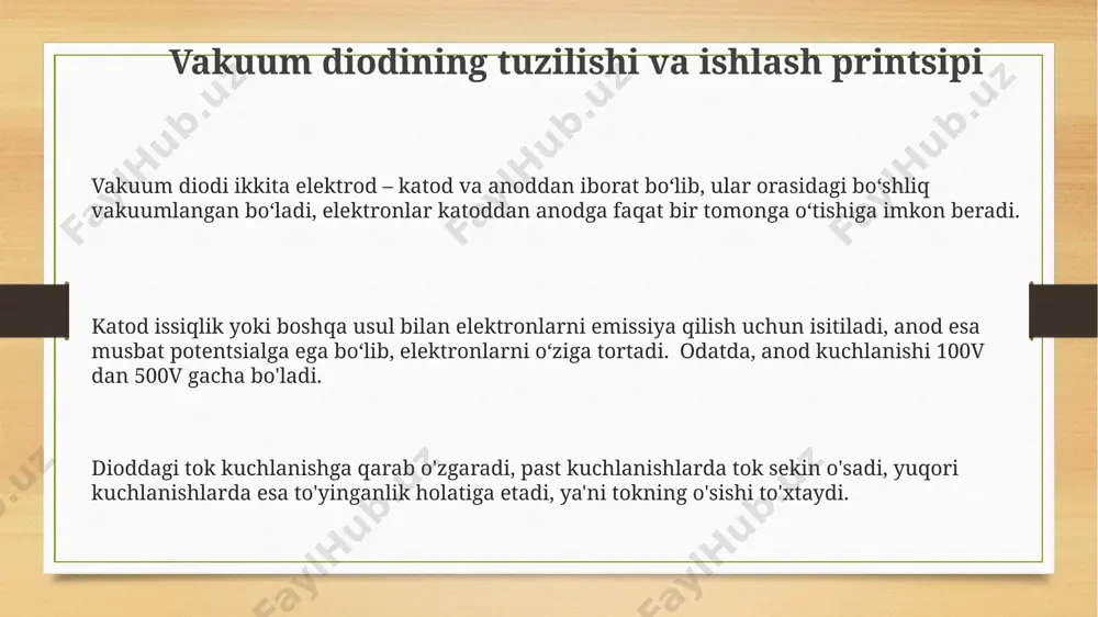 ini chizishda, gorizontal o'qqa kuchlanish (v), vertikal o'qqa esa tok (a) qiymati qo'yiladi. grafikda to'yinganlik hududi va to'yinganlik tokining qiymatini aniqlash mumkin. eksperimental natijalarni teoretik formula, masalan, child-langmyur tenglamasi yordamida solishtirish va xatolikni (masalan, 5% dan kam) hisoblash orqali modelning mos kelish darajasini baholash mumkin. xatolar va ularning tahlili xatolar, masalan, o'lchash asboblarining aniqligi chegarasi ( ± 0.1 v yoki ± 1 ma ) tufayli kelib chiqadi va bu o'lchov natijalarining ishonchliligini pasaytiradi. vakuum diodining volt-amper xarakteristikasini o'rganishda, 5-10% gacha bo'lgan sistematik xatolar temperatura o'zgarishlari yoki elektr zanjiri elementlarining qarshiligi o'zgarishi bilan bog'liq bo'lishi mumkin. eksperimental ma'lumotlarni qayta ishlash jarayonida 1% dan ortiq bo'lgan o'rtacha kvadrat xatolik kuzatilsa, qo'shimcha o'lchovlar o'tkazish kerak. e'tiboringiz uchun rahmat @taqdimot_robot image3.png image4.png